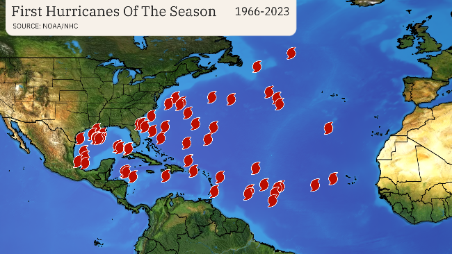 first Atlantic hurricane of season locations 1966 through 2023