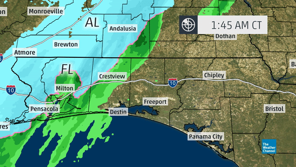 Radar loop in the early morning hours of Dec. 9, 2017, showing snow (in blue) from Winter Storm Benji moving across the western Florida panhandle. 