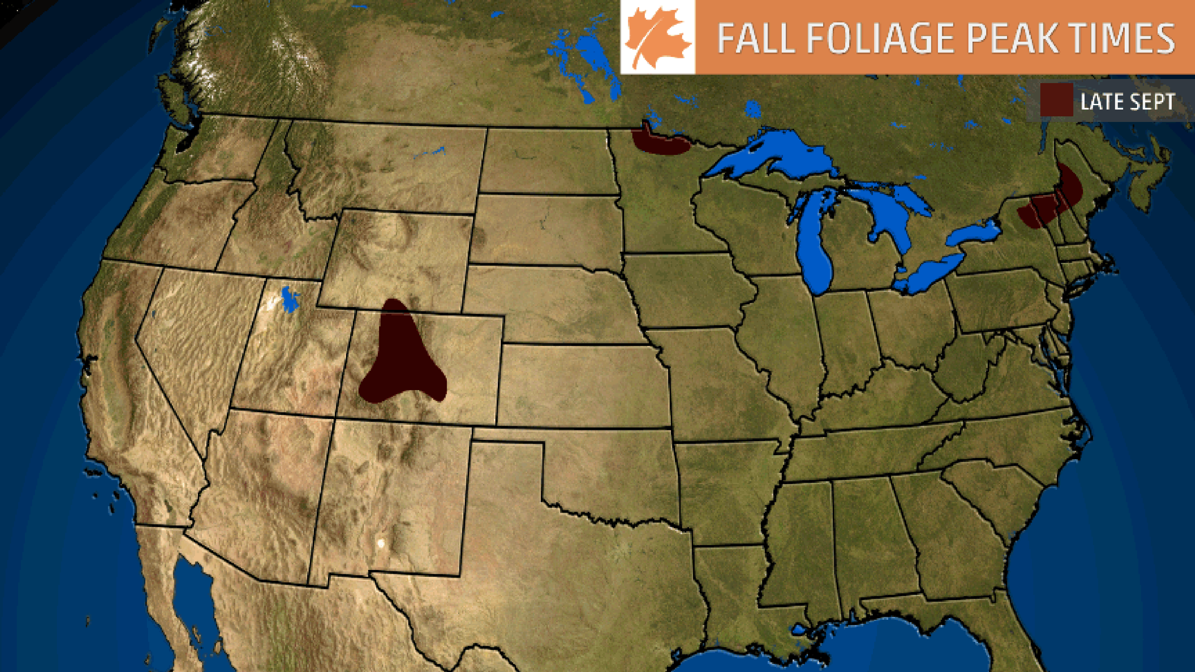 Typical time of peak fall colors. Much of the Northeast, Midwest and West see peak colors in October.
