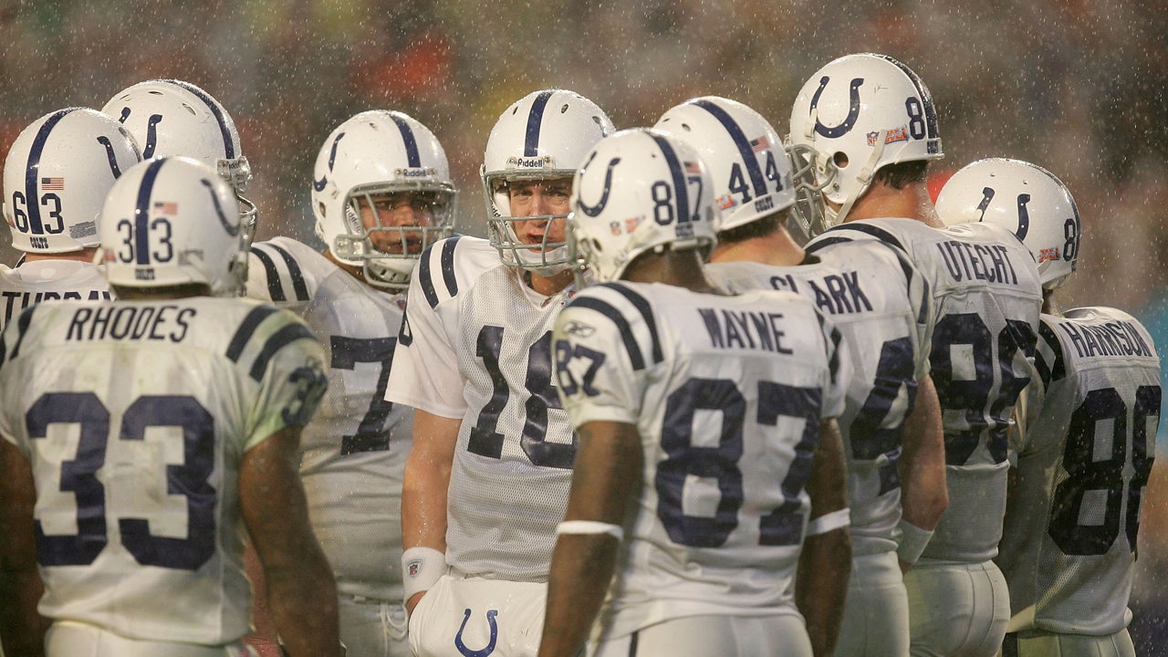 Quarterback Peyton Manning #18 of the Indianapolis Colts lines up with teammates in the rain at Super Bowl XLI. (Photo by Jonathan Daniel/Getty Images)