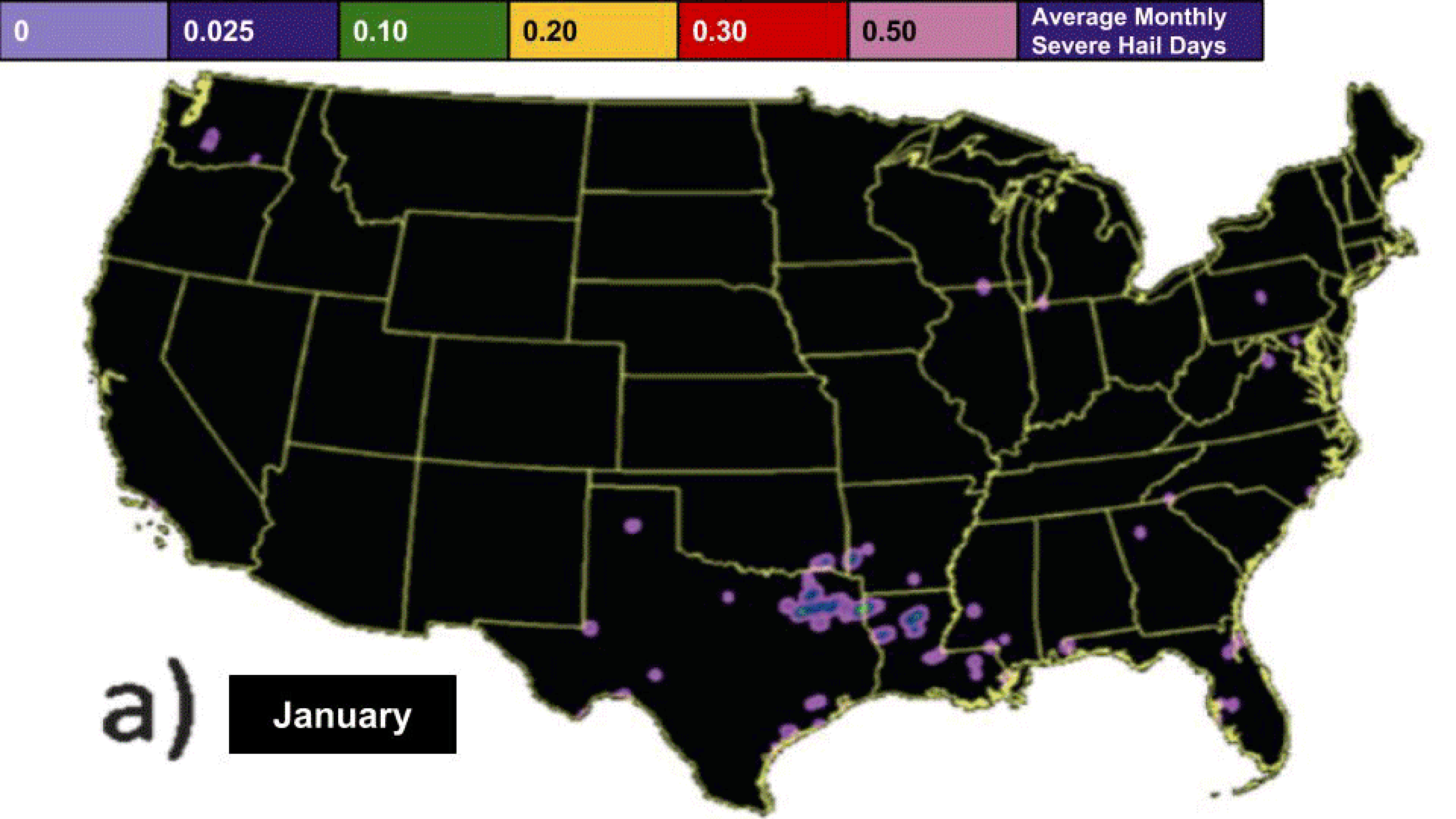 Average severe hail days by month. Areas in green, yellow and red see the most hail in their respective months. 