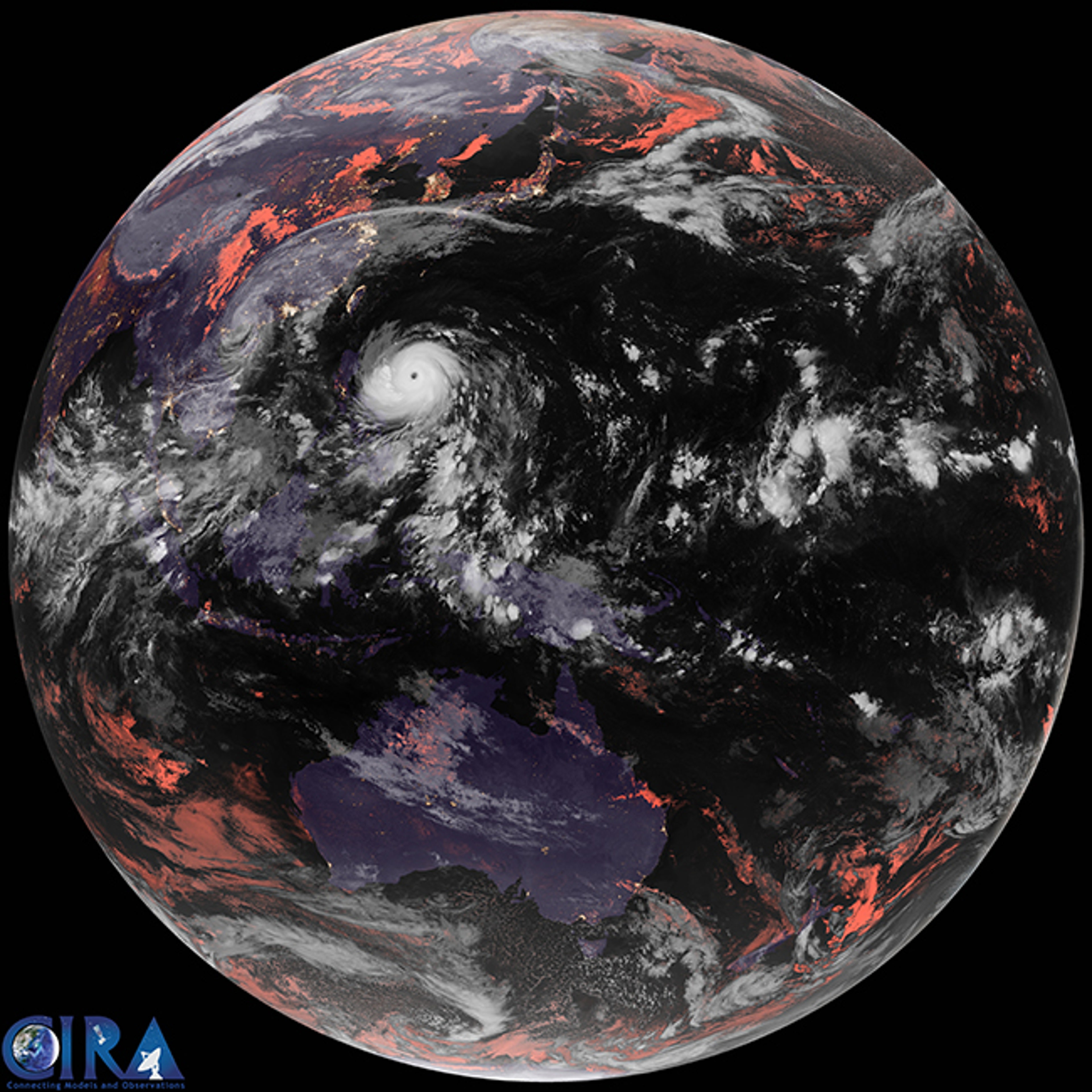 Eastern Hemisphere full disk AHI geocolor image from the Himawari-8 satellite of Super Typhoon Haima/Lawin on Oct. 18, 2016 at 12:00 p.m. EDT. Super Typhoon Haima is shown near the center of the image.