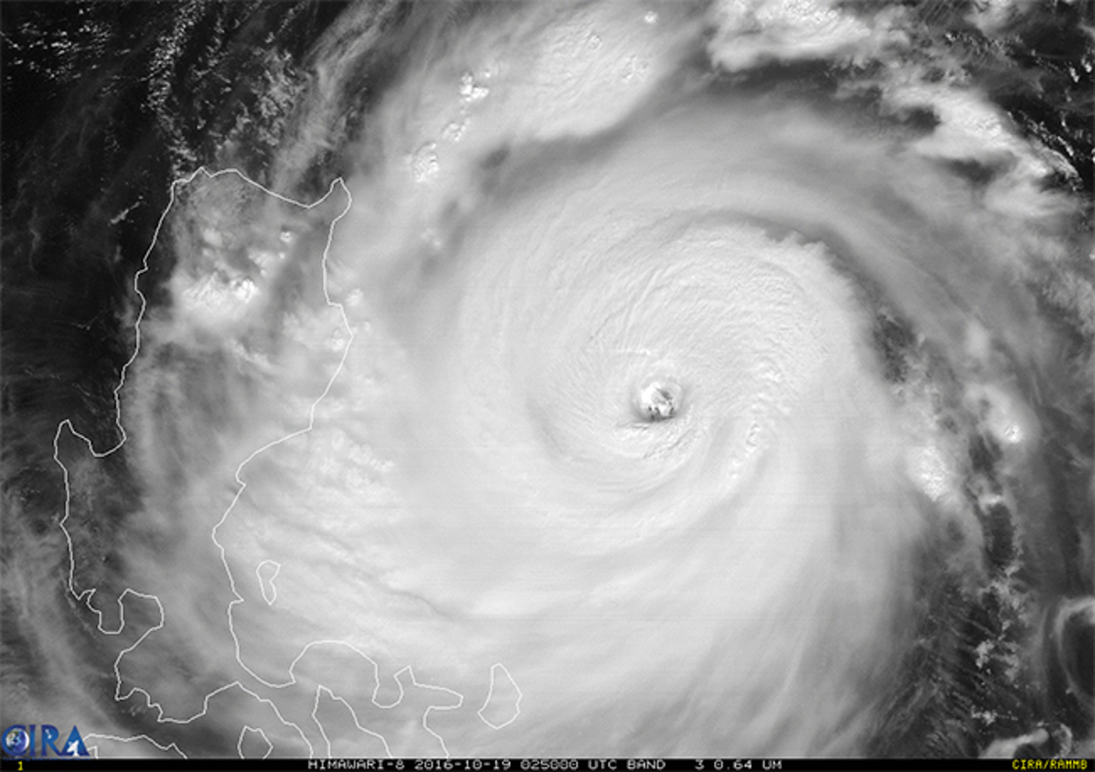Himawari-8 visible satellite image of Super Typhoon Haima (Lawin in the Philippines) east of Luzon, Philippines, on October 19, 2016, at 0250 UTC.