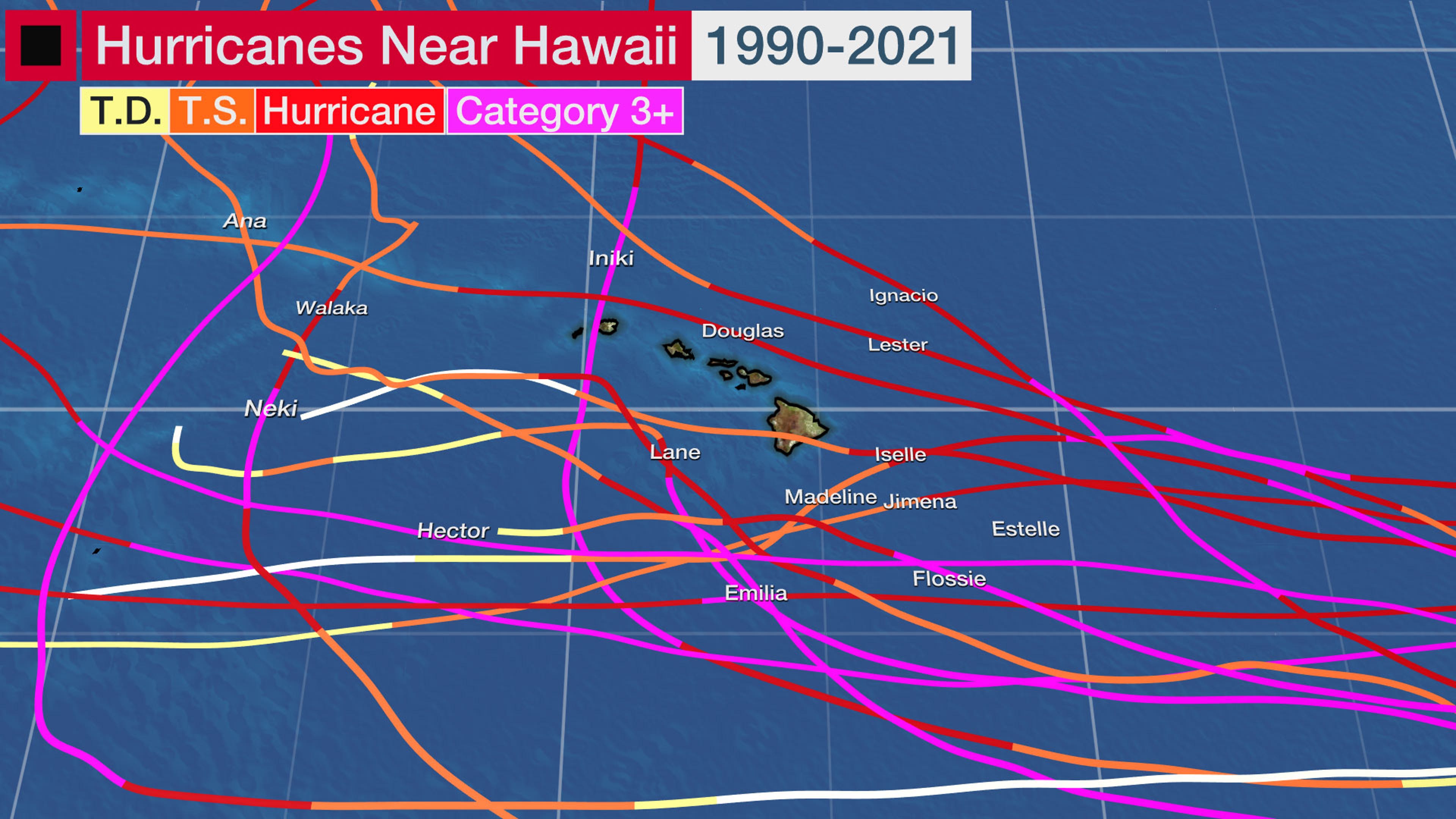 Tracks of hurricanes that have come within 200 nautical miles of Hawaii from 1990-2021.