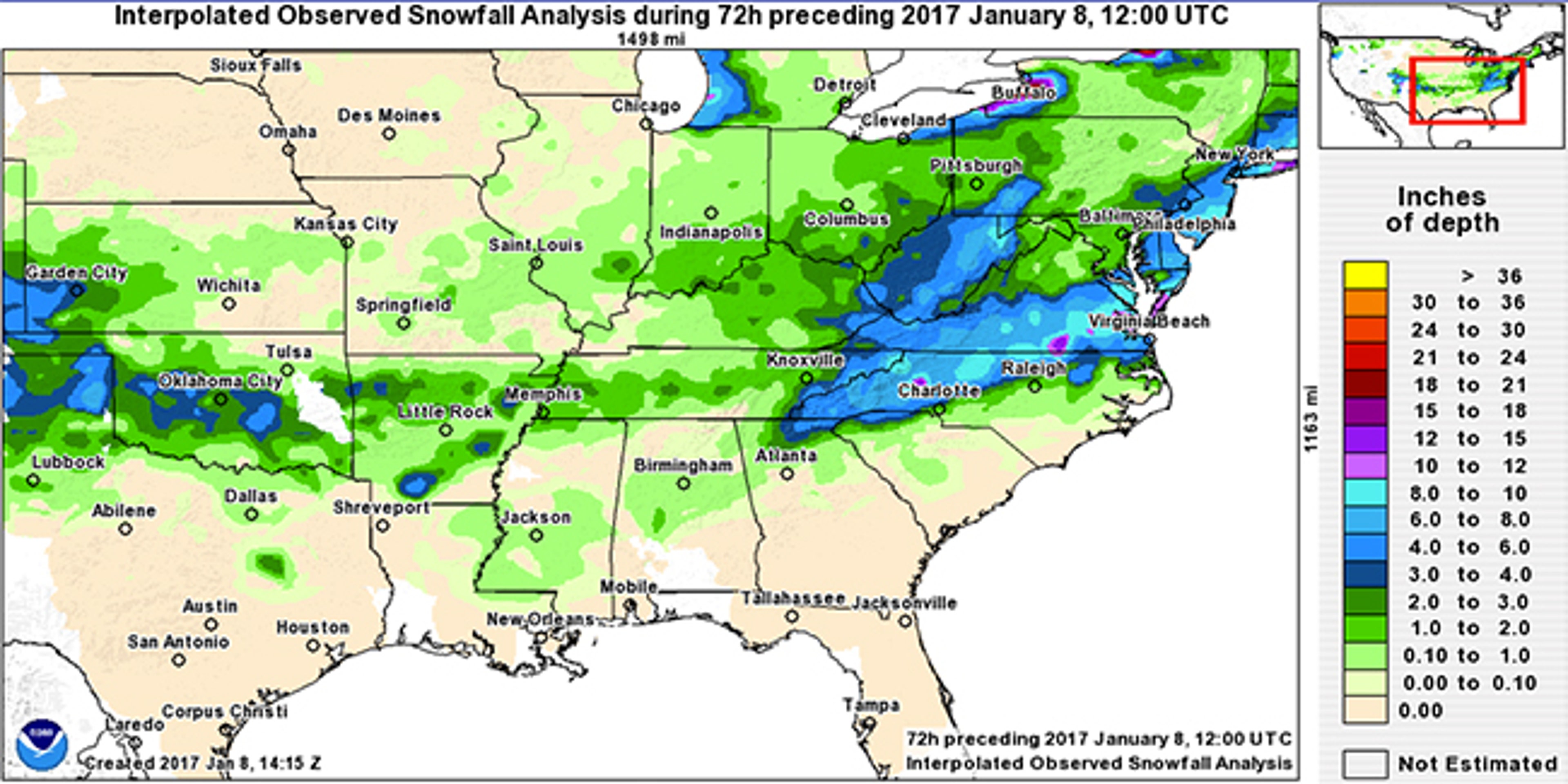 Estimated snowfall accumulation from Winter Storm Helena in the South through the morning of January 8, 2017. Note: Some sleet/ice accumulation shows up as snow in this analysis.