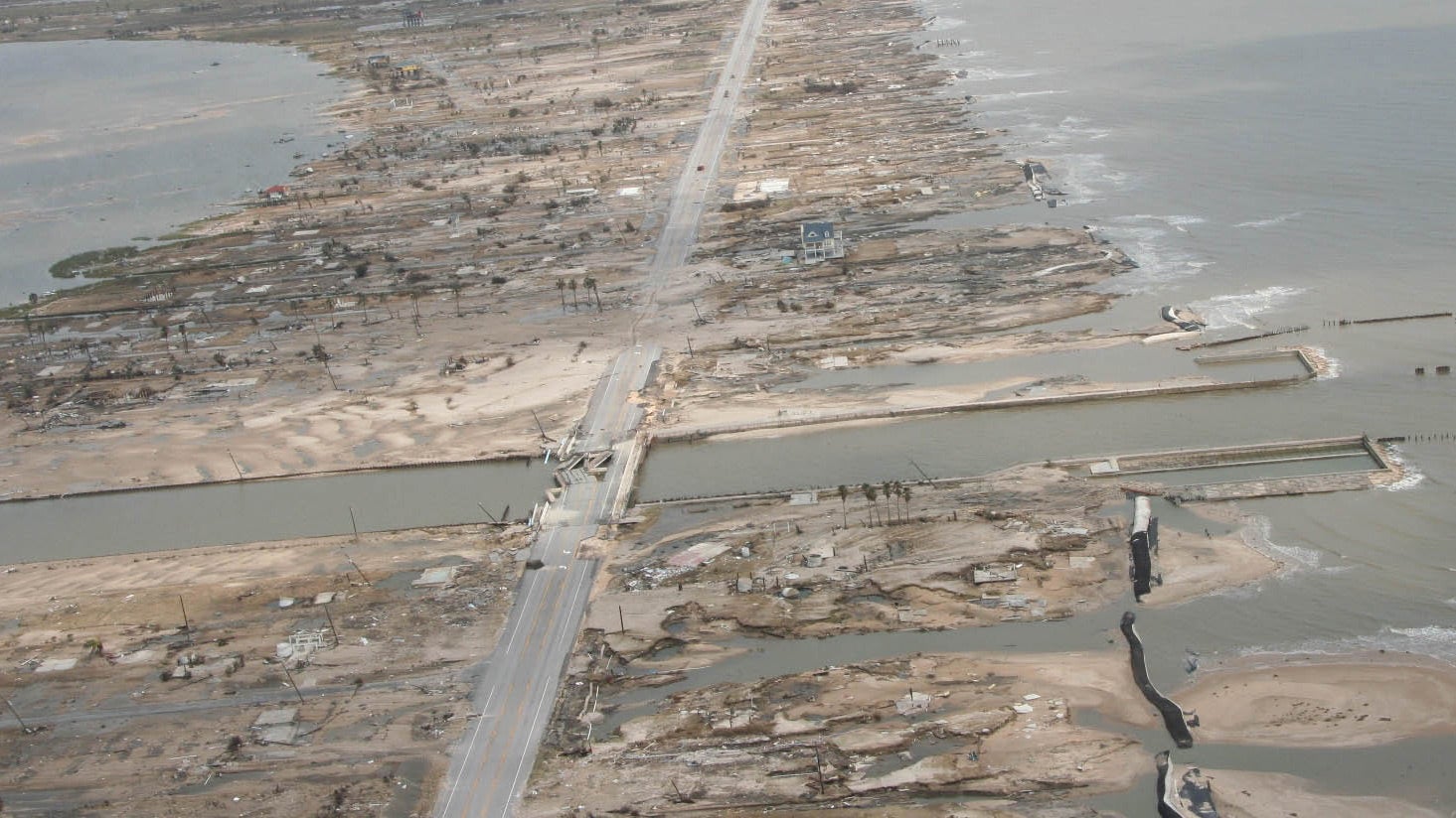 The Bolivar Peninsula wiped clean of structures by Hurricane Ike's massive storm surge in September 2008.