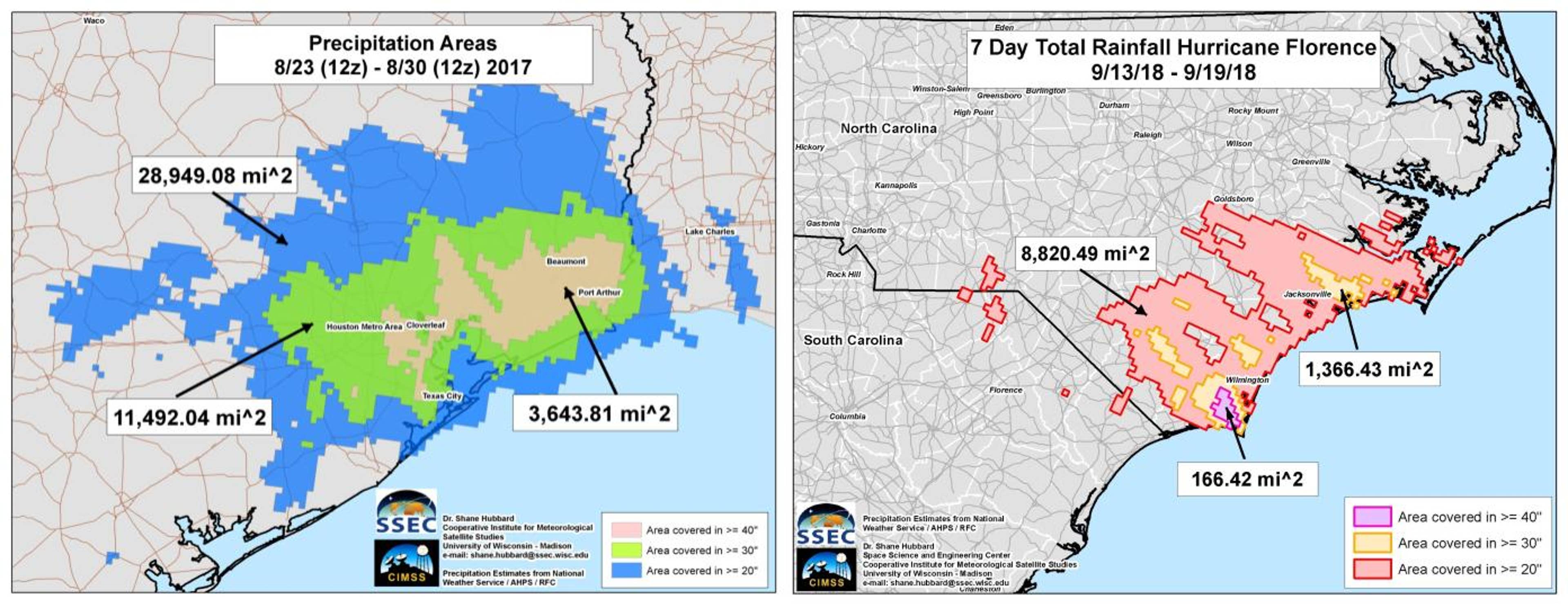 Rainfall estimates from the National Weather Service. Harvey is on the left and Florence is on the right.
