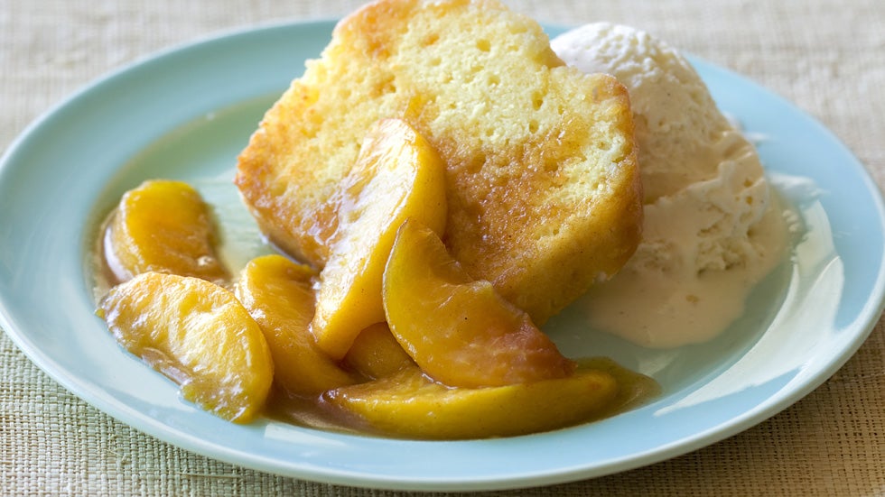 Bourbon-Nectarine Ice Cream Sundaes with Pound-Cake Croutons 