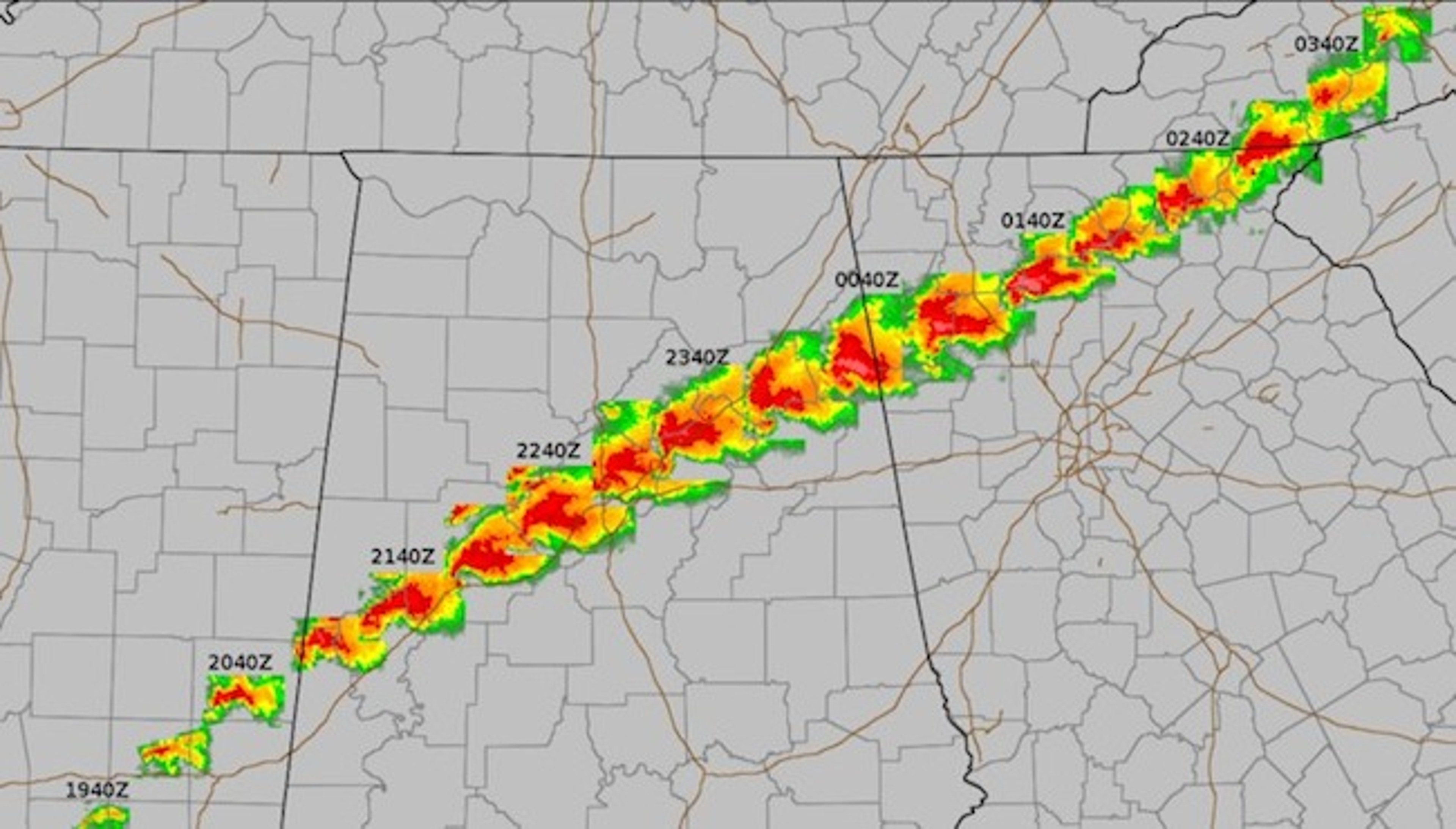 Radar composite from 3:40 p.m. to 11:40 p.m. EDT of the supercell responsible for the Tuscaloosa and west Birmingham tornadoes on Apr. 27, 2011.