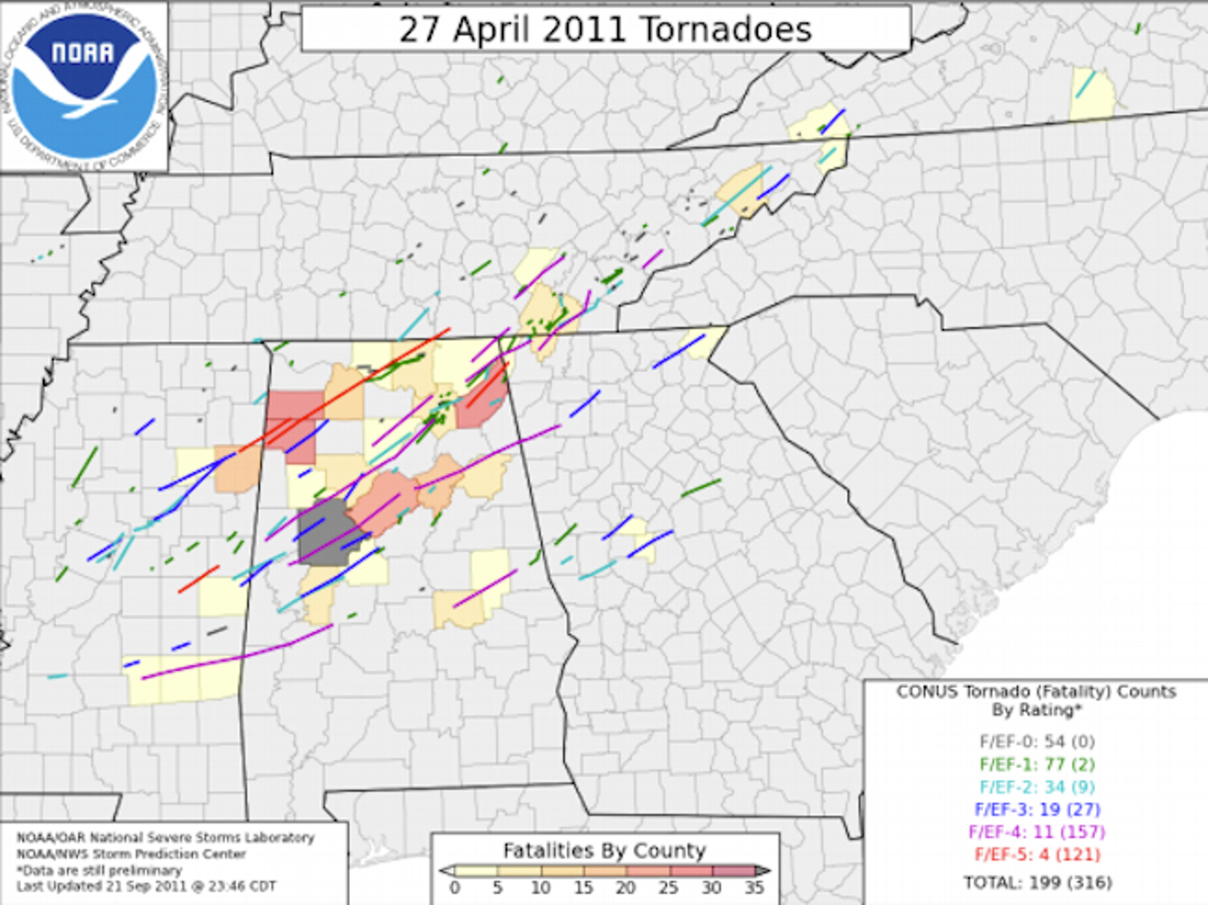 Tornado tracks, Enhanced Fujita scale ratings and county fatalities on Apr. 27, 2011. Note: The final Apr. 27 tornado count differs from that shown in map above.