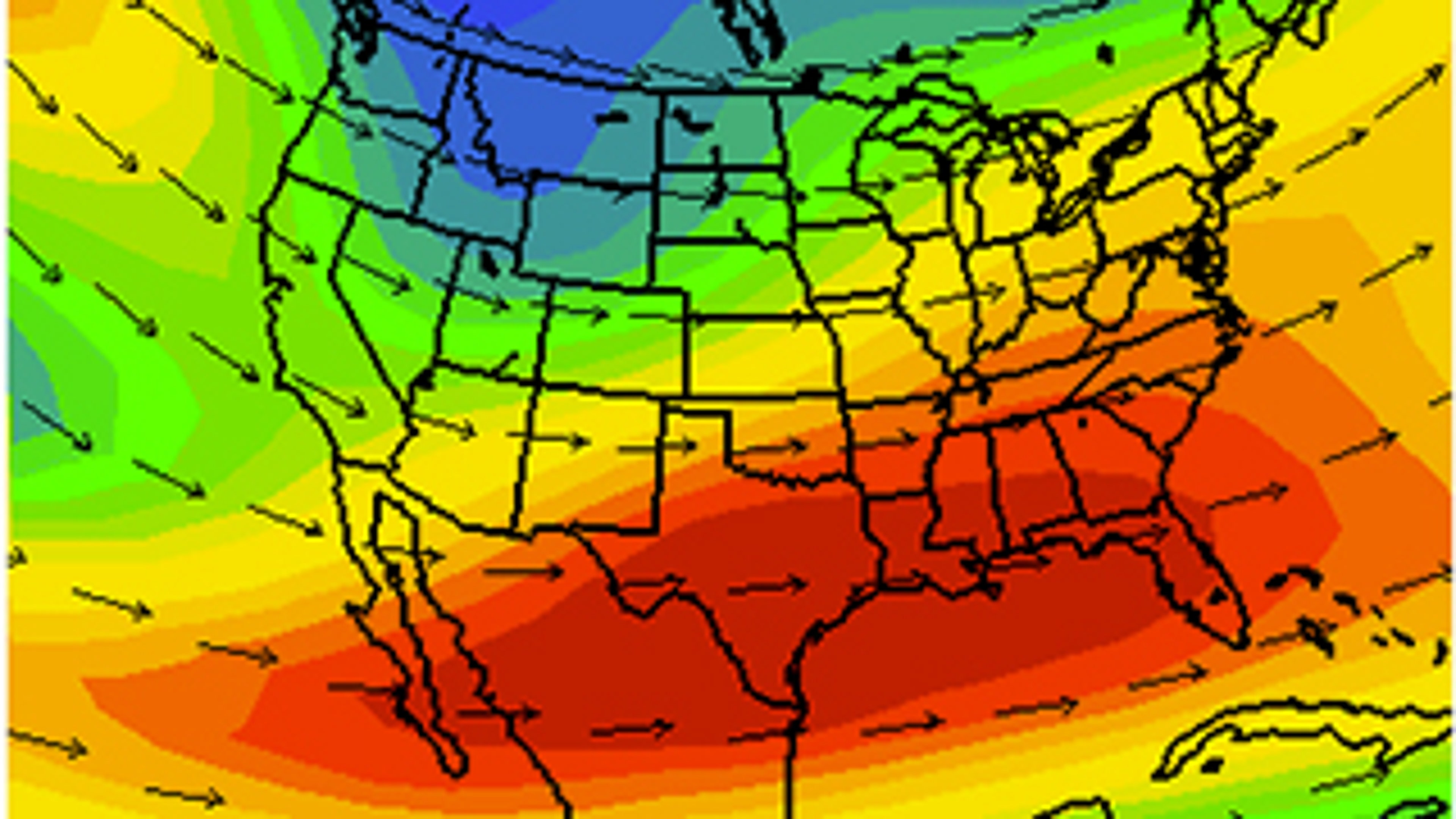 Average April jet-stream level winds, based on 1981-2010 climatology. Dark red shading indicates typical location of strongest jet-stream level winds in April.