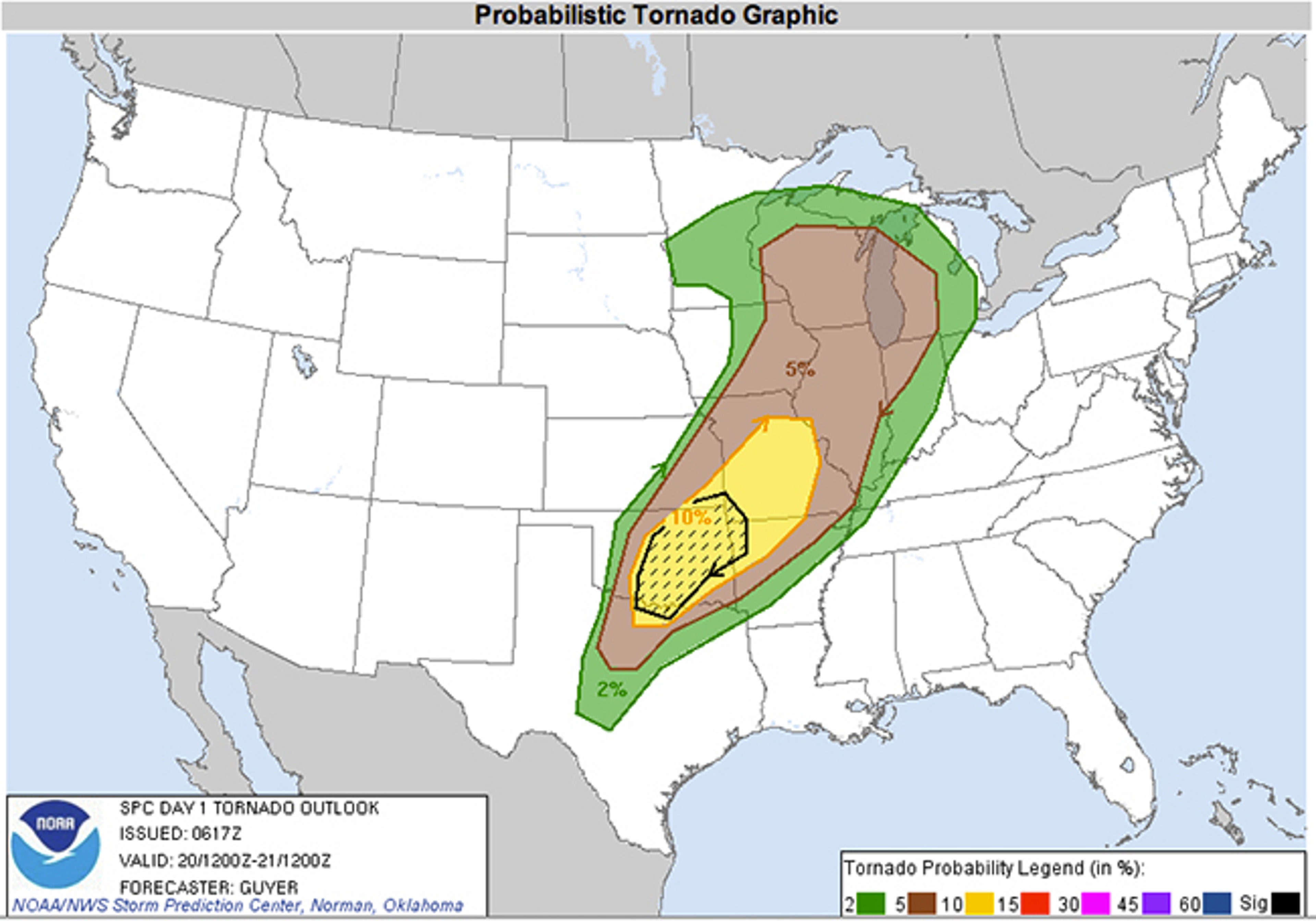 Day 1 tornado outlook for May 20, 2013 from NOAA's Storm Prediction Center. Black hatched area indicates at least a 10% chance of an EF2 or stronger tornado within 25 miles of a point.