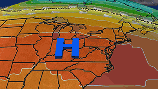 Animation shows the weather pattern evolution from a hot area of high pressure late this past week to a dip in the upper wind flow in the coming week.