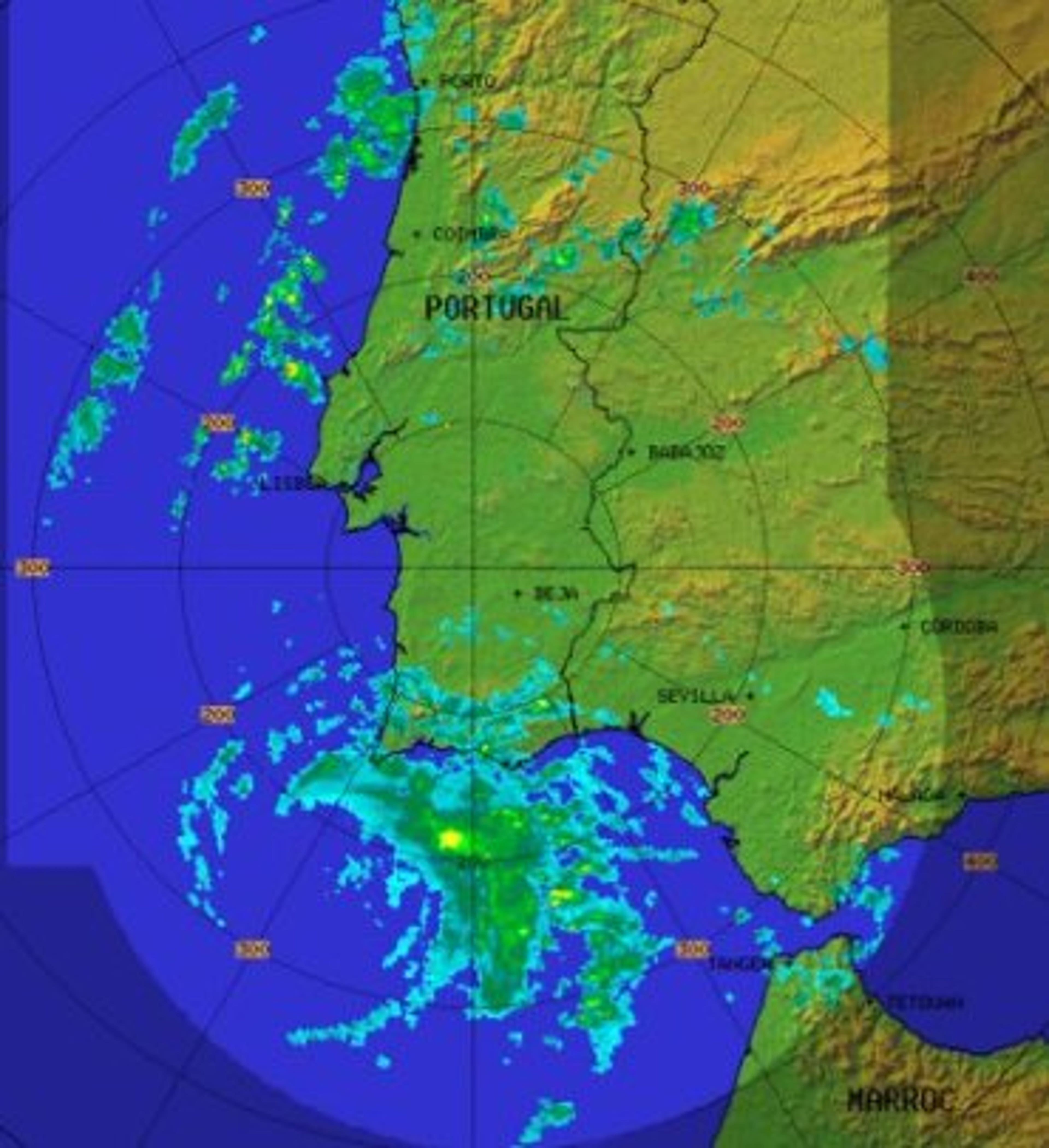 The center of what was then Tropical Depression Vince is seen in the lower portion of this radar image as it brought rain to southern Portugal and southwest Spain on Oct. 11, 2005.