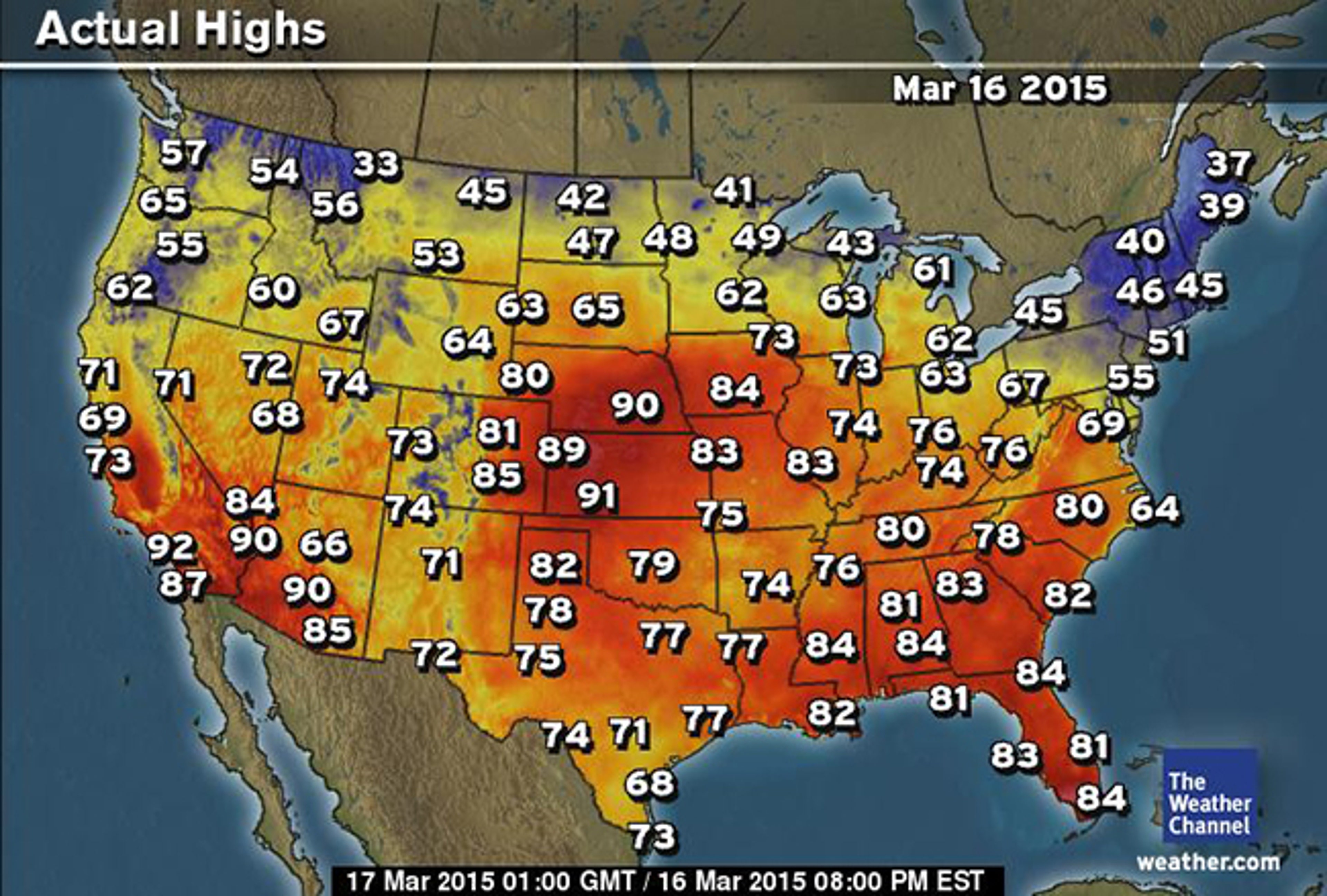 Actual high temperatures on Monday March 16, 2015. Note the 80s and 90s in the Plains states.