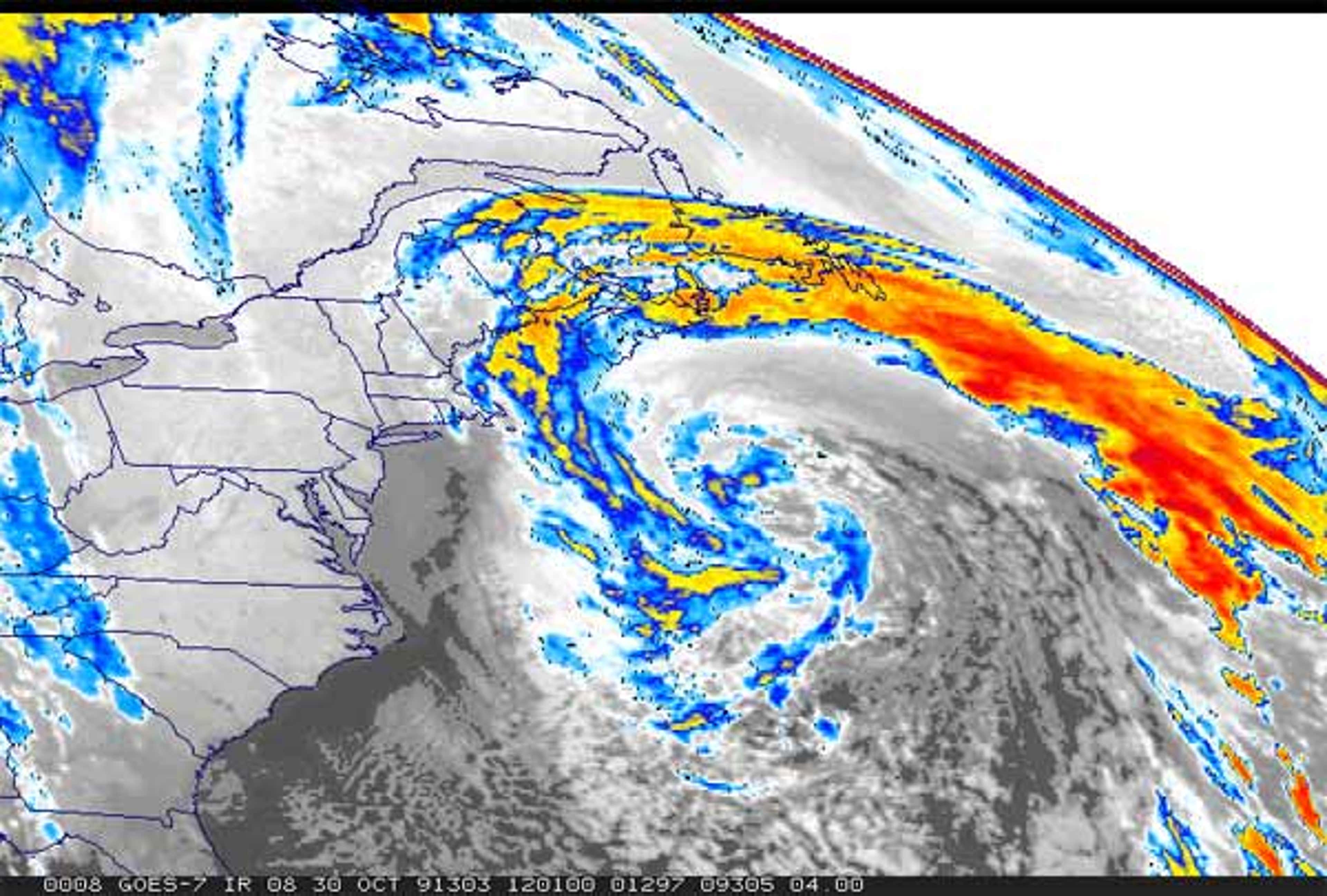 Infrared satellite image of the "Perfect Storm" when it reached its peak intensity on the morning of Wednesday, Oct. 30, 1991.
