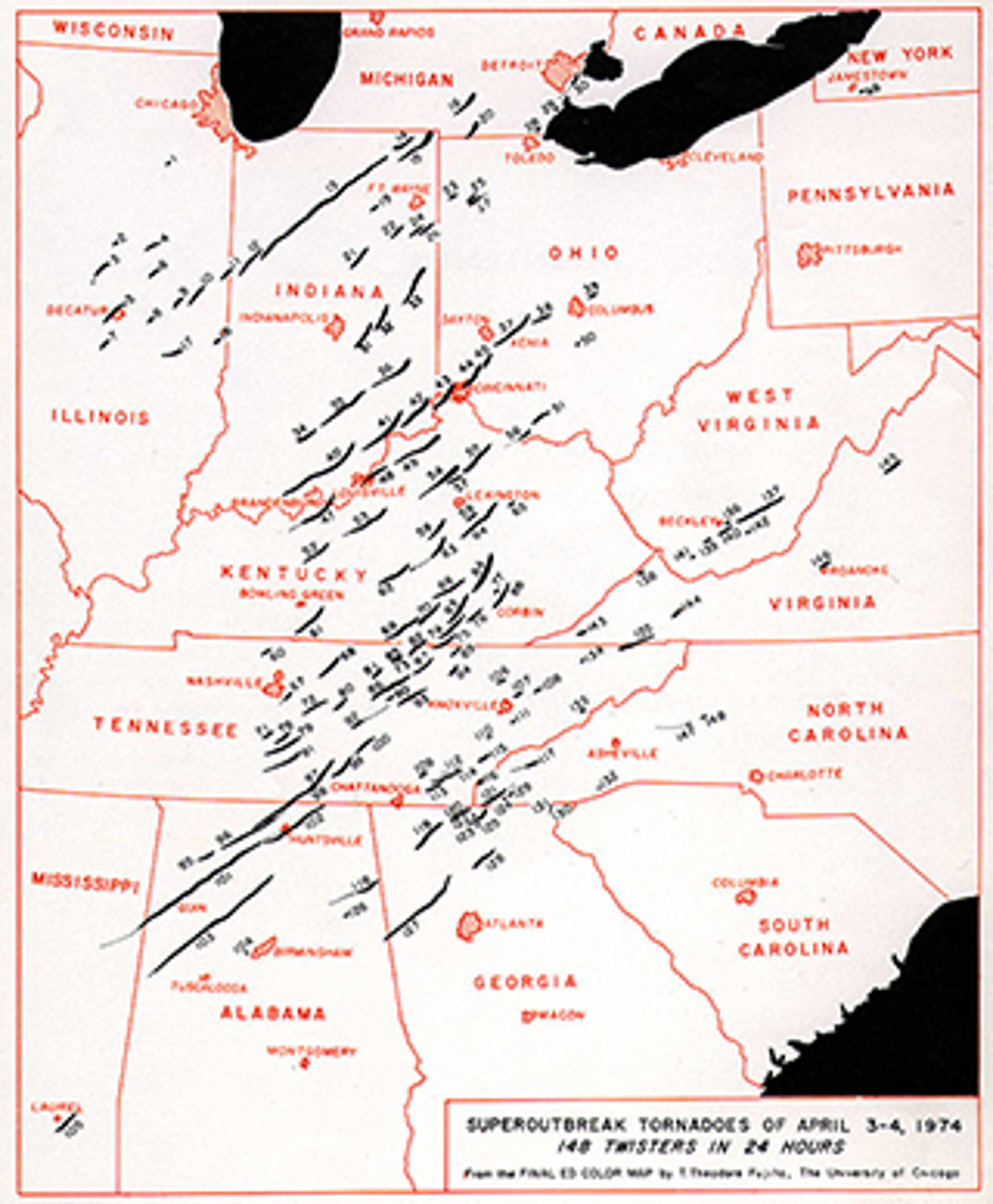 Apr. 3-4, 1974 Superoutbreak tornado tracks (Image credit: T. Fujita/Univ. of Chicago)