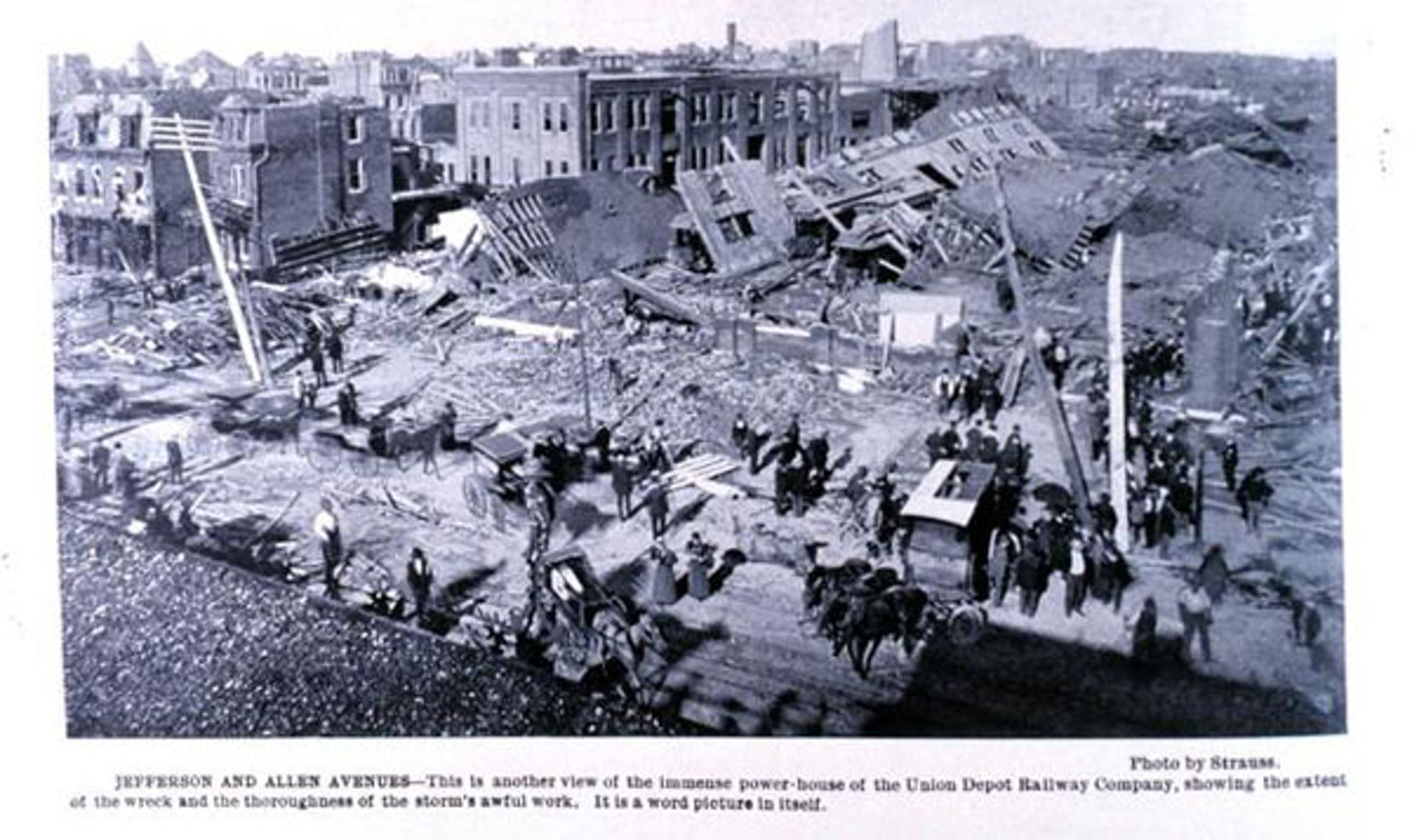 The nearly-flattened Union Depot Railway Company in St. Louis, Mo. following the May 27, 1896 tornado. (Photo credit: NOAA Library)