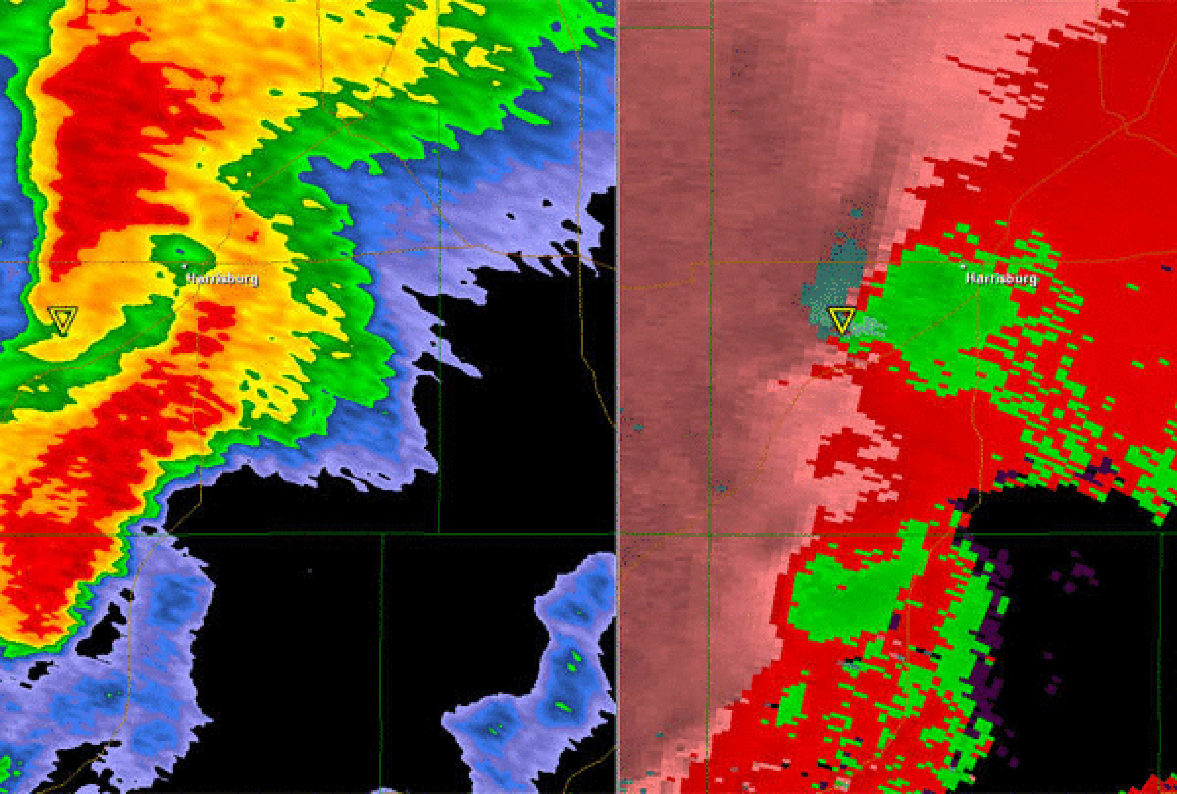 Radar reflectivity (left) and storm-relative velocity (right) showing the Harrisburg, Illinois, tornado on Feb. 29, 2012. The animation is from 4:52 a.m. to 5:01 a.m. CST. The location of the tornado is approximately denoted by the upside-down triangles in each image.