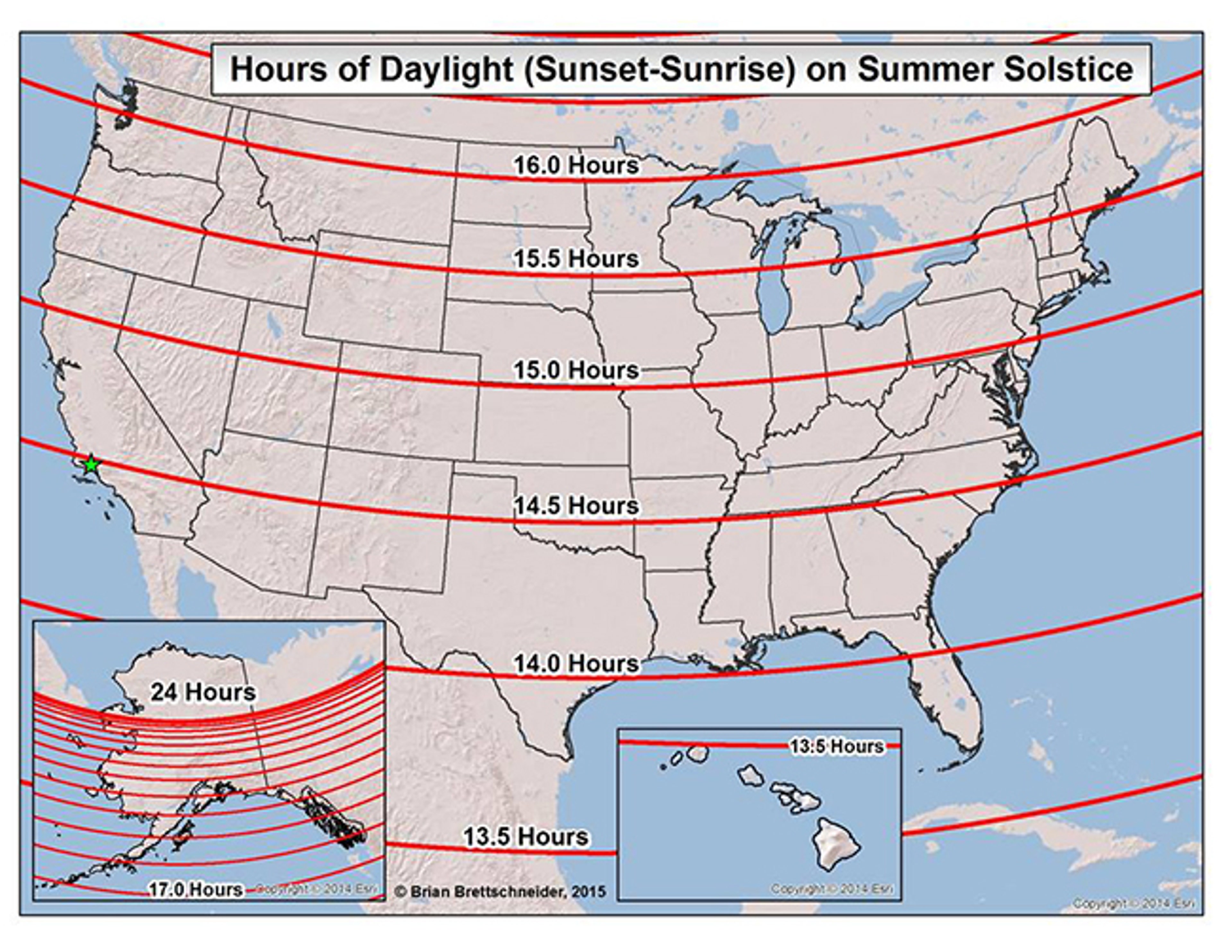 How much daylight you'll see in the U.S. on the summer solstice. This does not include twilight hours.