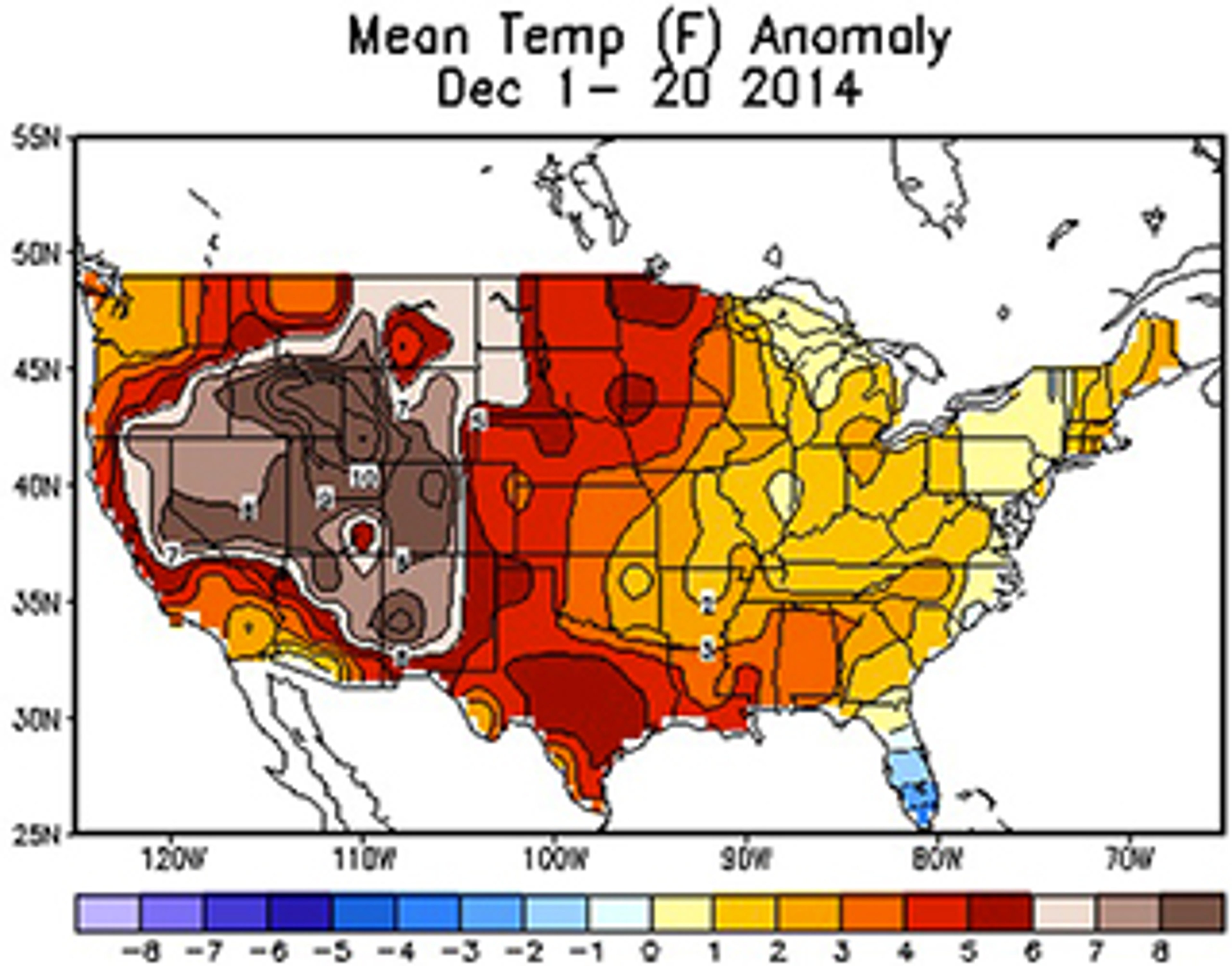 Temperature departures from average for the period of Dec. 1-20, 2014 over the Lower 48 states. 
