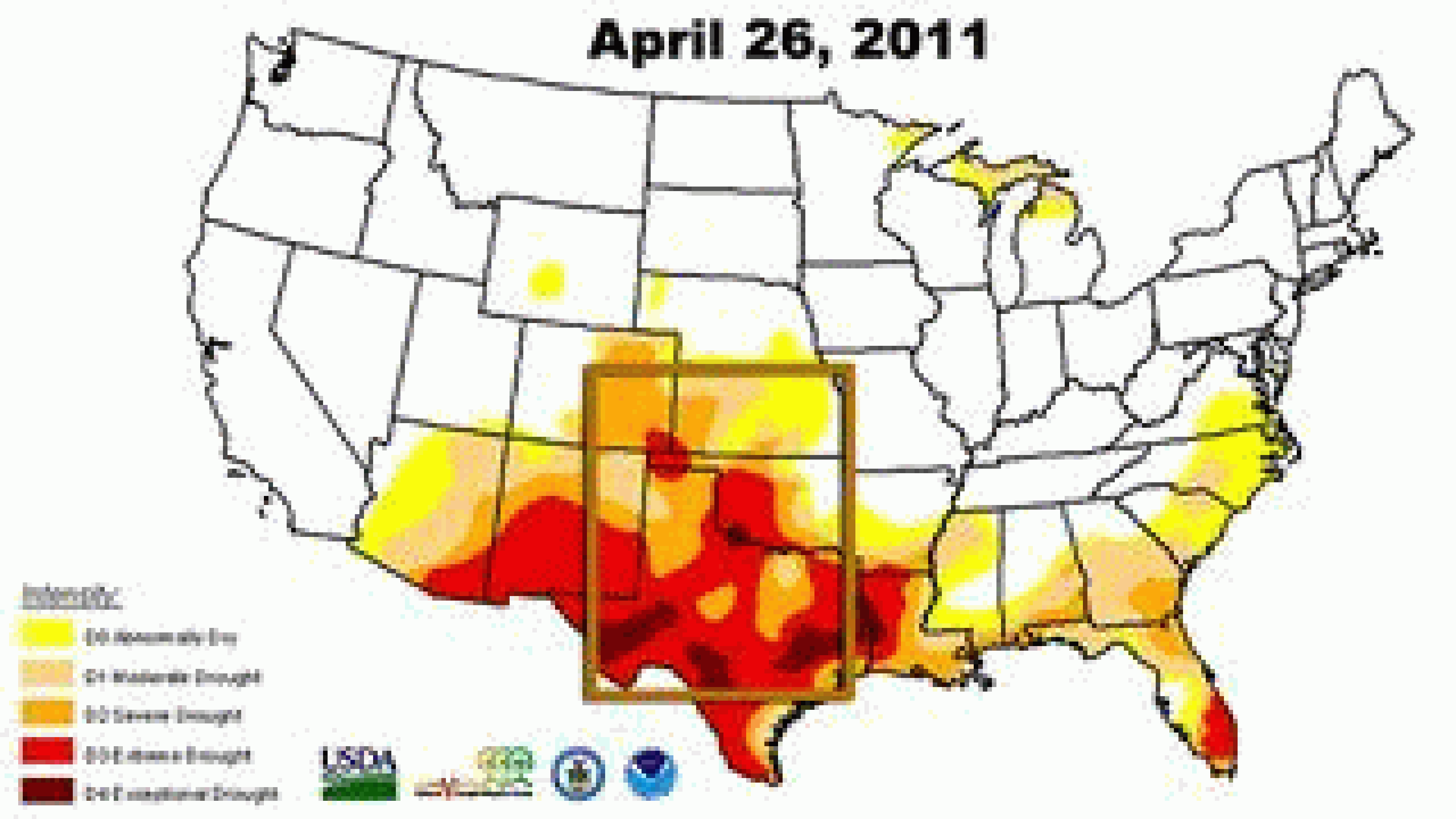 Late April/early May Drought Monitor analysis from 2011 through 2015. Brown box denotes area in southern Plains of most persistent drought since 2011. 
