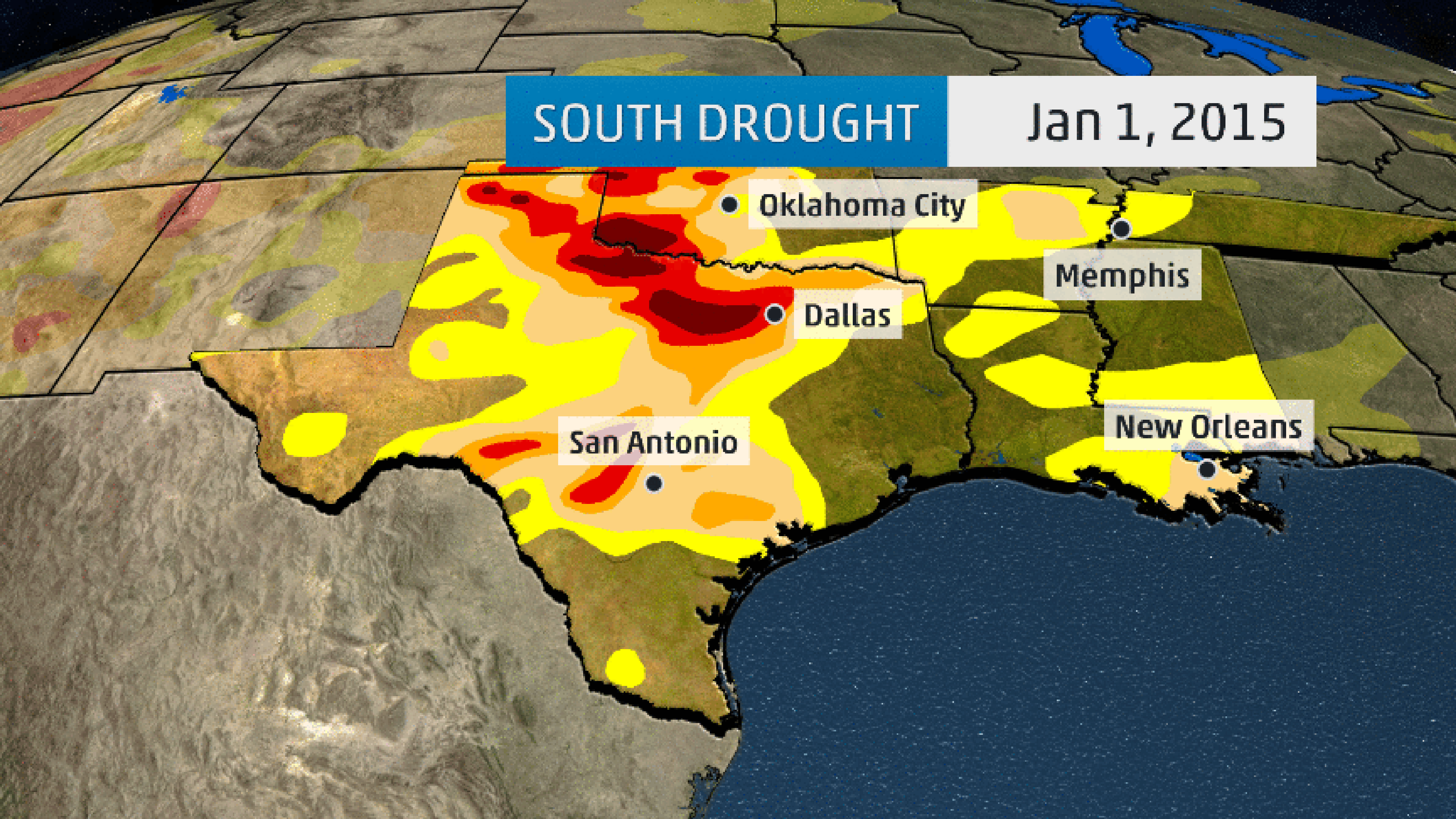 Animation of drought monitor analyses from Jan. 1, 2015 through October 13, 2015, illustrating the multi-year drought squelched by spring's flooding rain, followed by the development of the summer/fall flash drought.