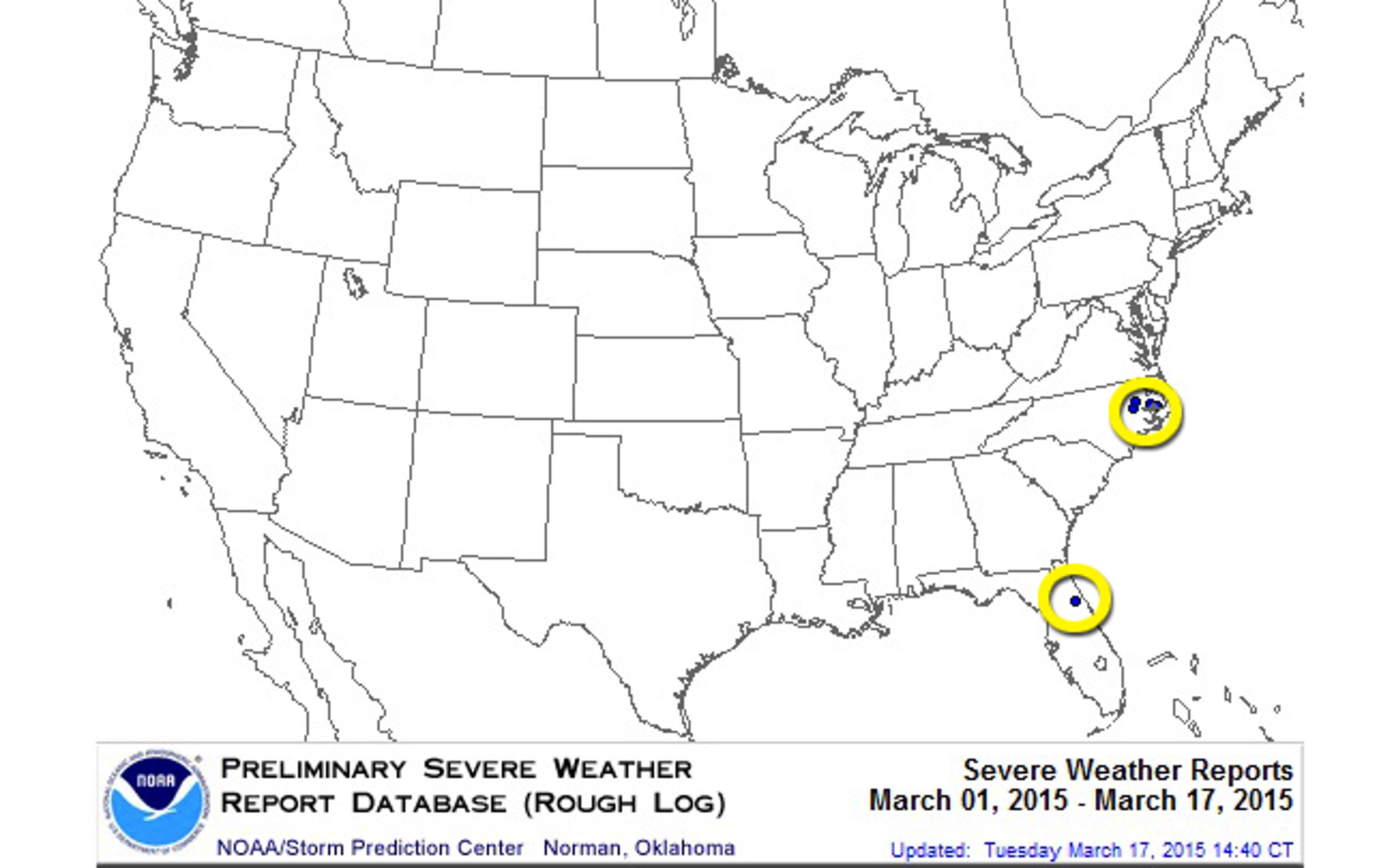 Severe weather reports (blue dots, highlighted by yellow circles) in the U.S. from March 1-17, 2015. 