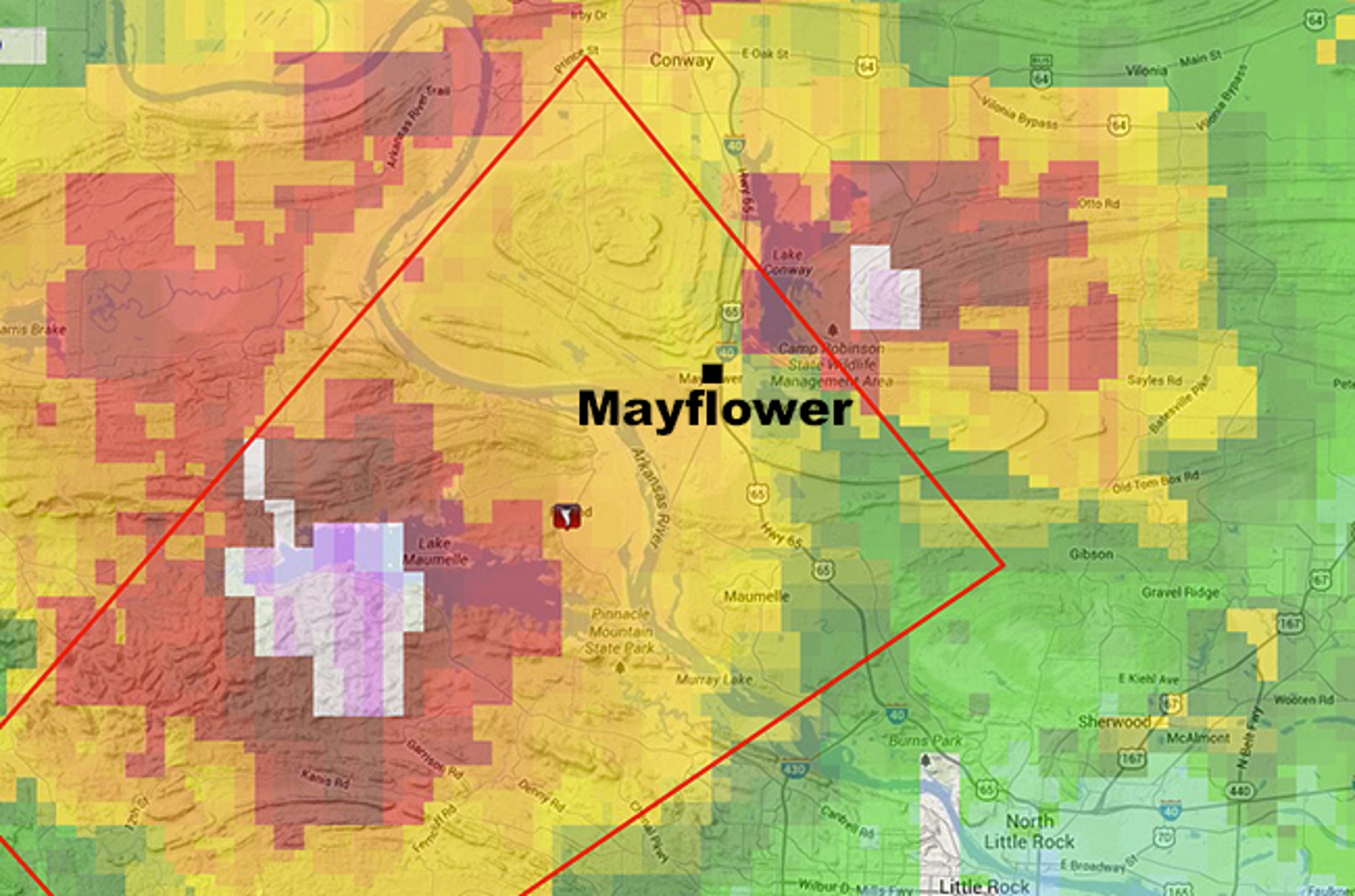 Radar image and tornado warning (red polygon) at 7:06 p.m. CT April 27, 2014. Mayflower, Arkansas, is labeled in black. (Iowa Environmental Mesonet/NWS-Little Rock/Google Maps)