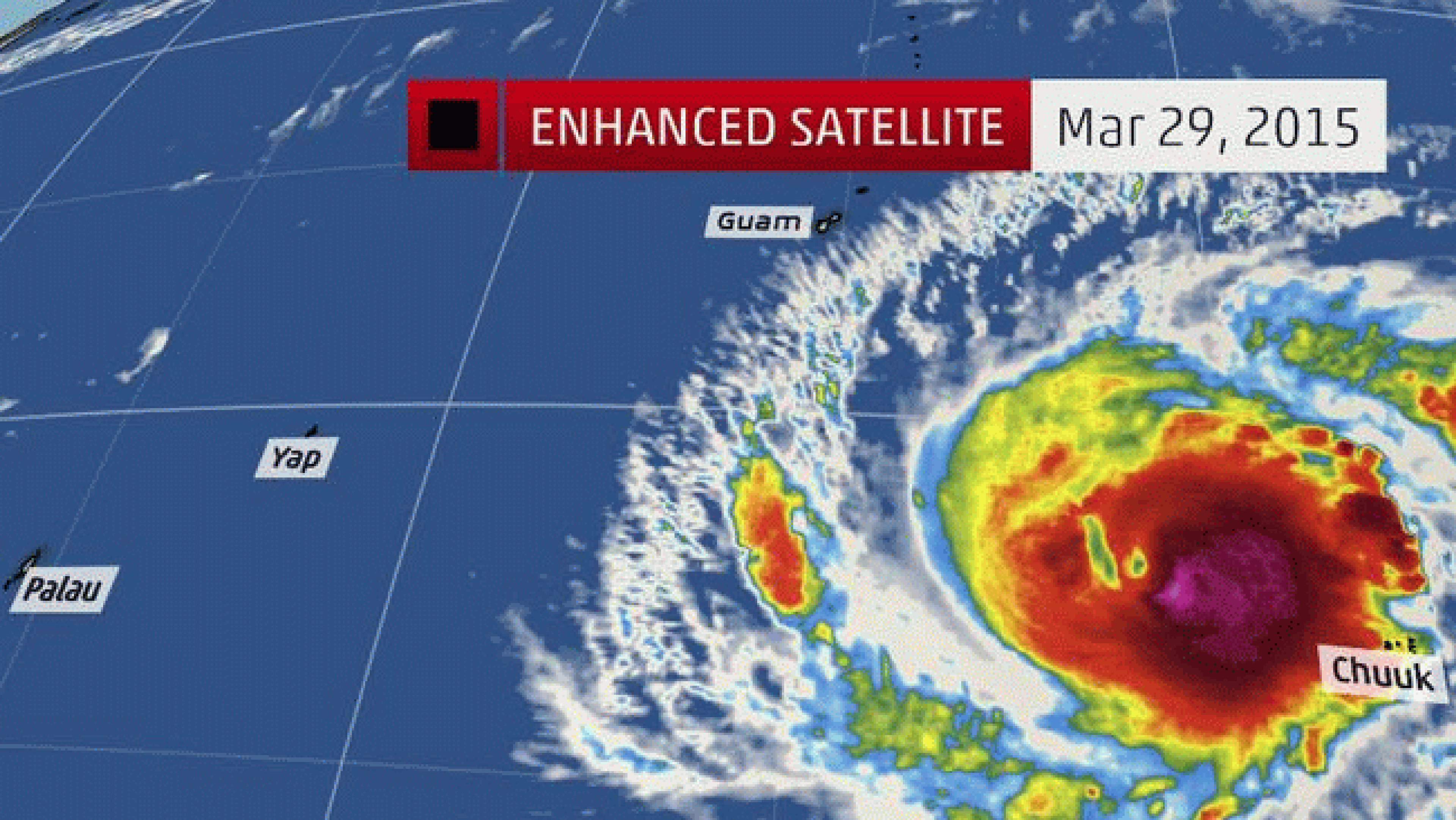 Three-day infrared satellite loop of Typhoon Maysak ending on April 1, 2015 at 10 a.m. EDT showing Maysak's intensification from a Category 1 to Category 5 equivalent super typhoon.