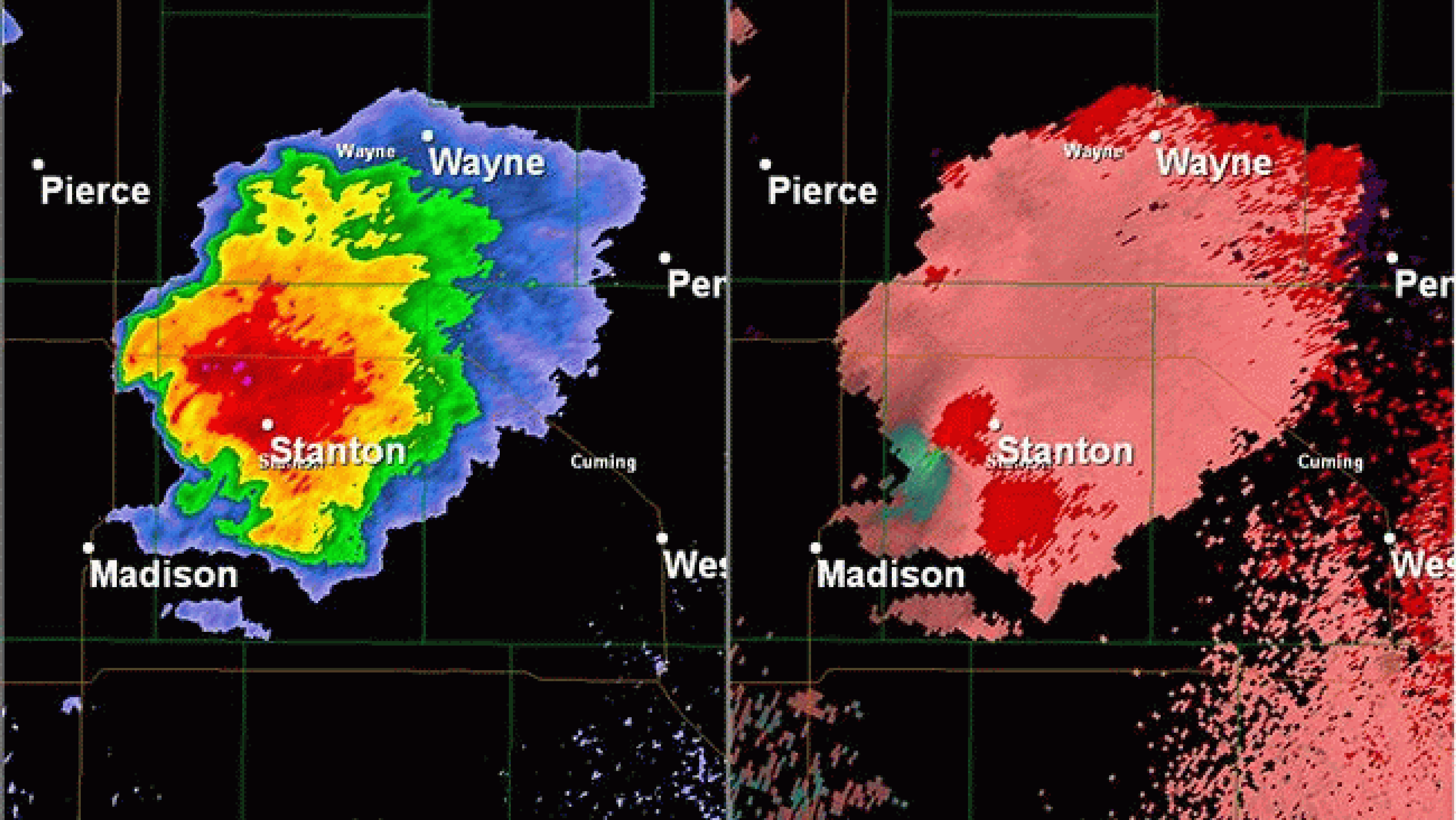 Radar reflectivity (left) and storm-relative velocity (right) radar loop from 3:47 p.m. to 4:26 p.m. CDT of the Pilger, Nebraska supercell spawning twin tornadoes on June 16, 2014. (Gibson Ridge/NWS-Omaha)