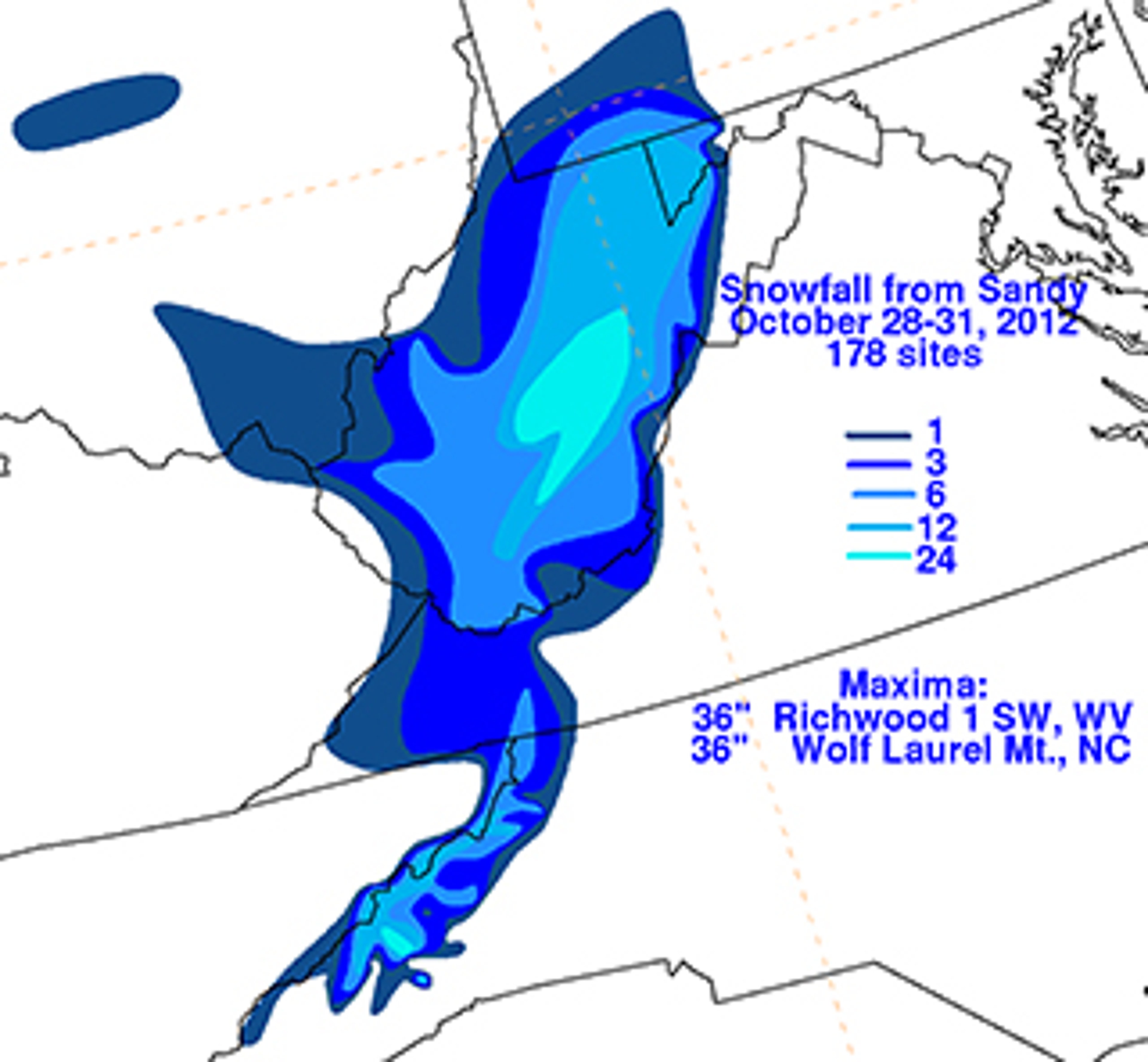 Total snowfall from Superstorm Sandy from Oct. 28-31, 2012. (Credit: David Roth/NOAA)