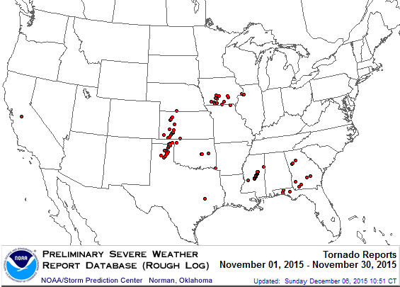 Maps of preliminary tornado reports in November 2015, December 2015, and 2016 year-to-date through February 22. 