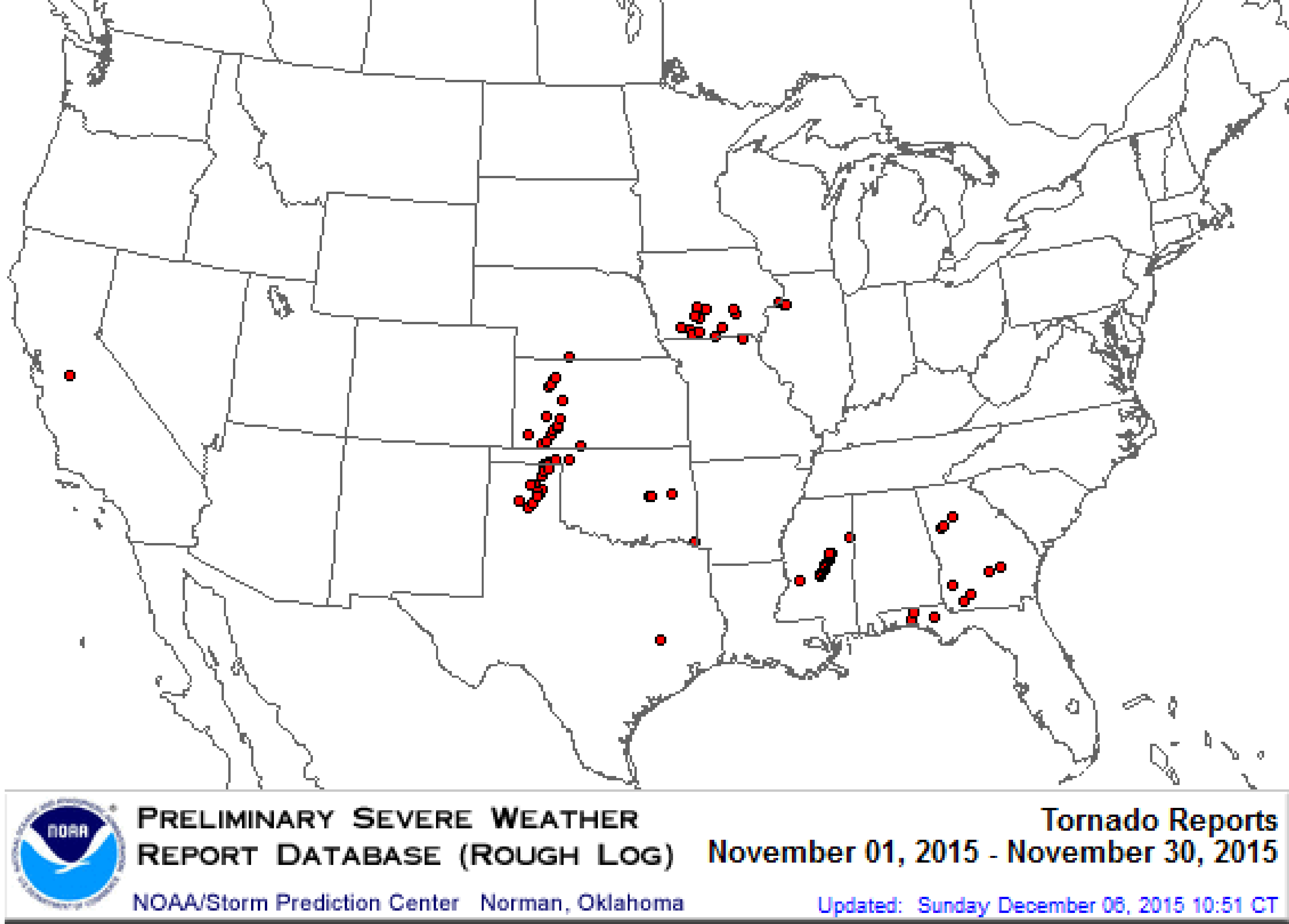 Maps of preliminary tornado reports in November 2015, December 2015, and 2016 year-to-date through February 22. 