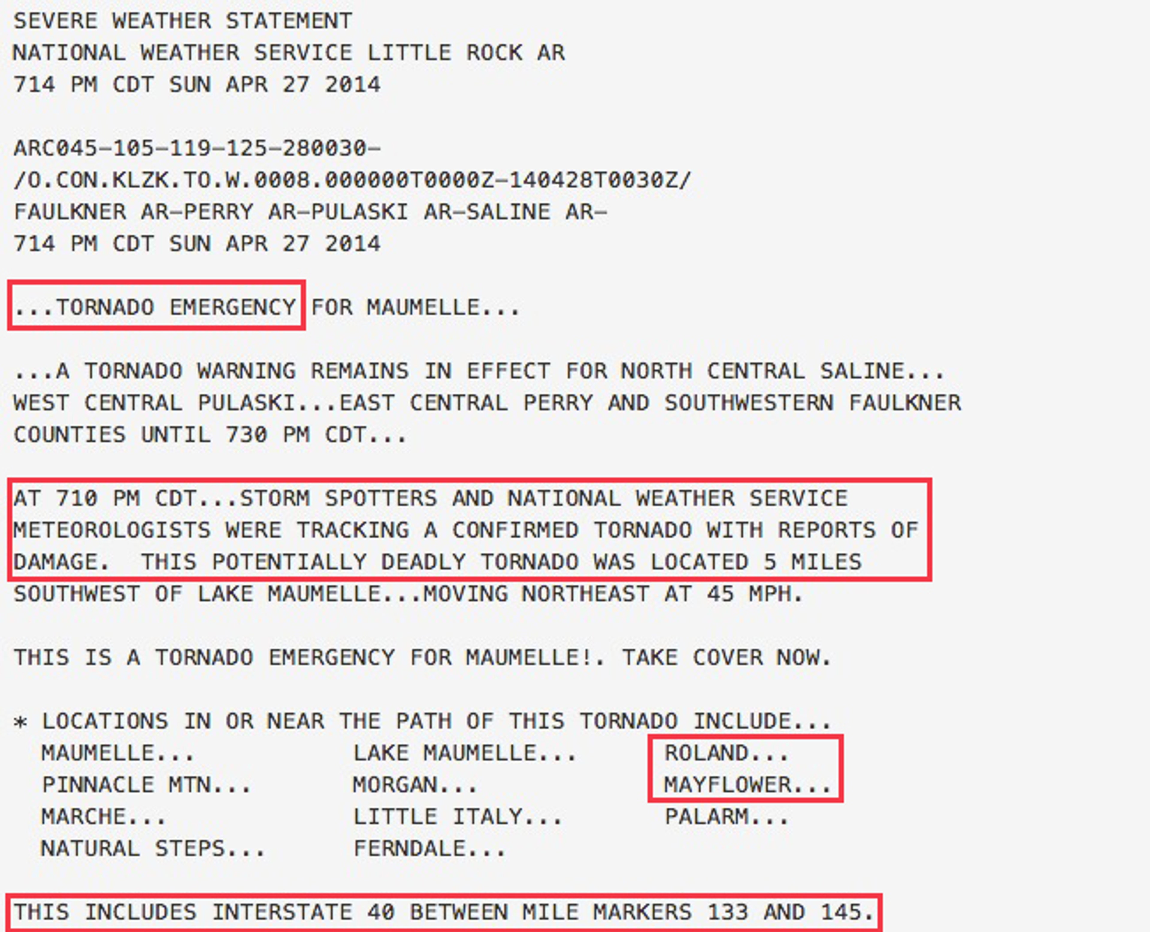 Text of tornado emergency issued by NWS-Little Rock, Arkansas at 7:14 p.m. CT on April 27, 2014.