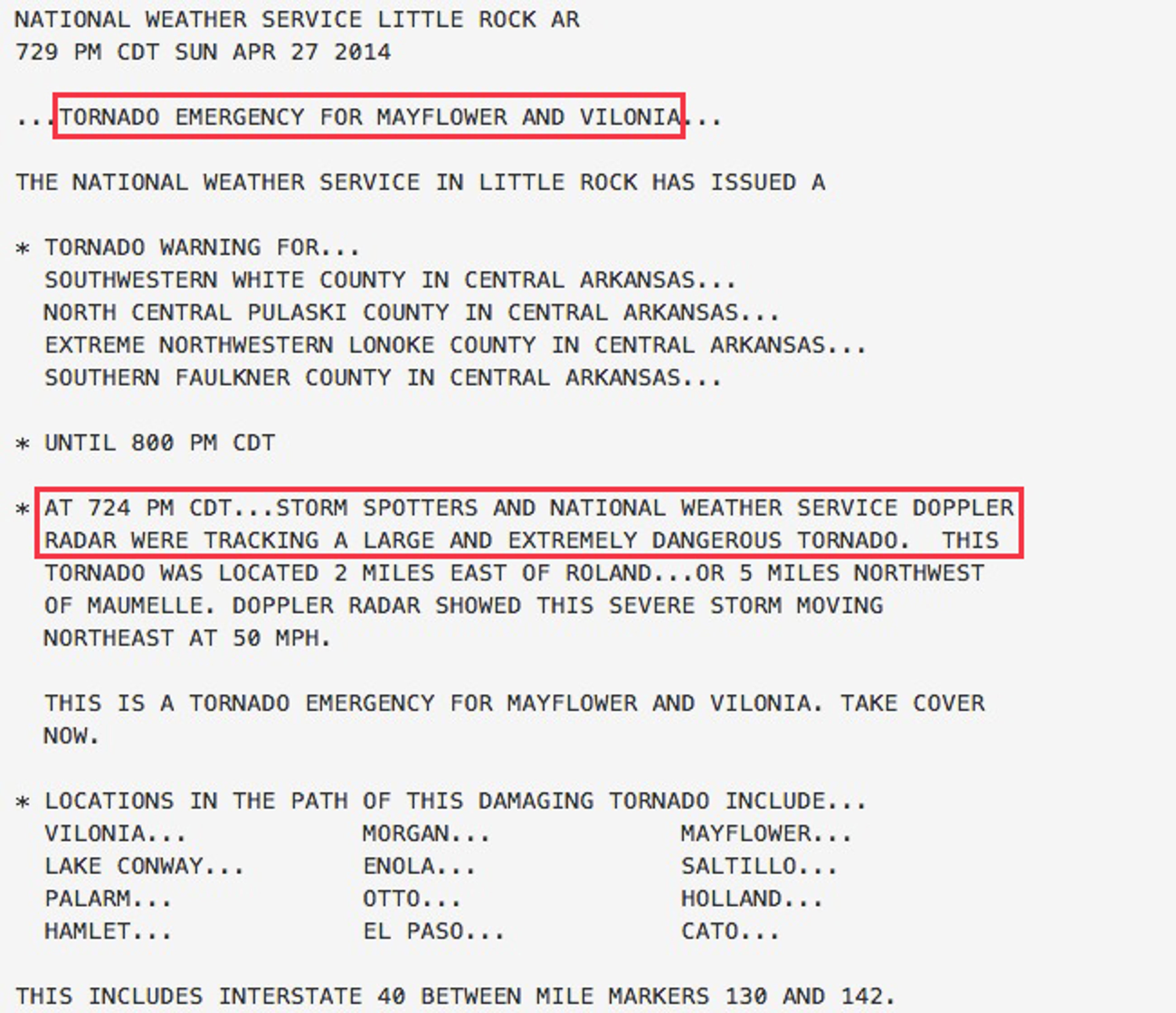 Tornado emergency issued by NWS-Little Rock at 7:29 p.m. CT on April 27, 2014, including Vilonia and Mayflower. (NWS-Little Rock)