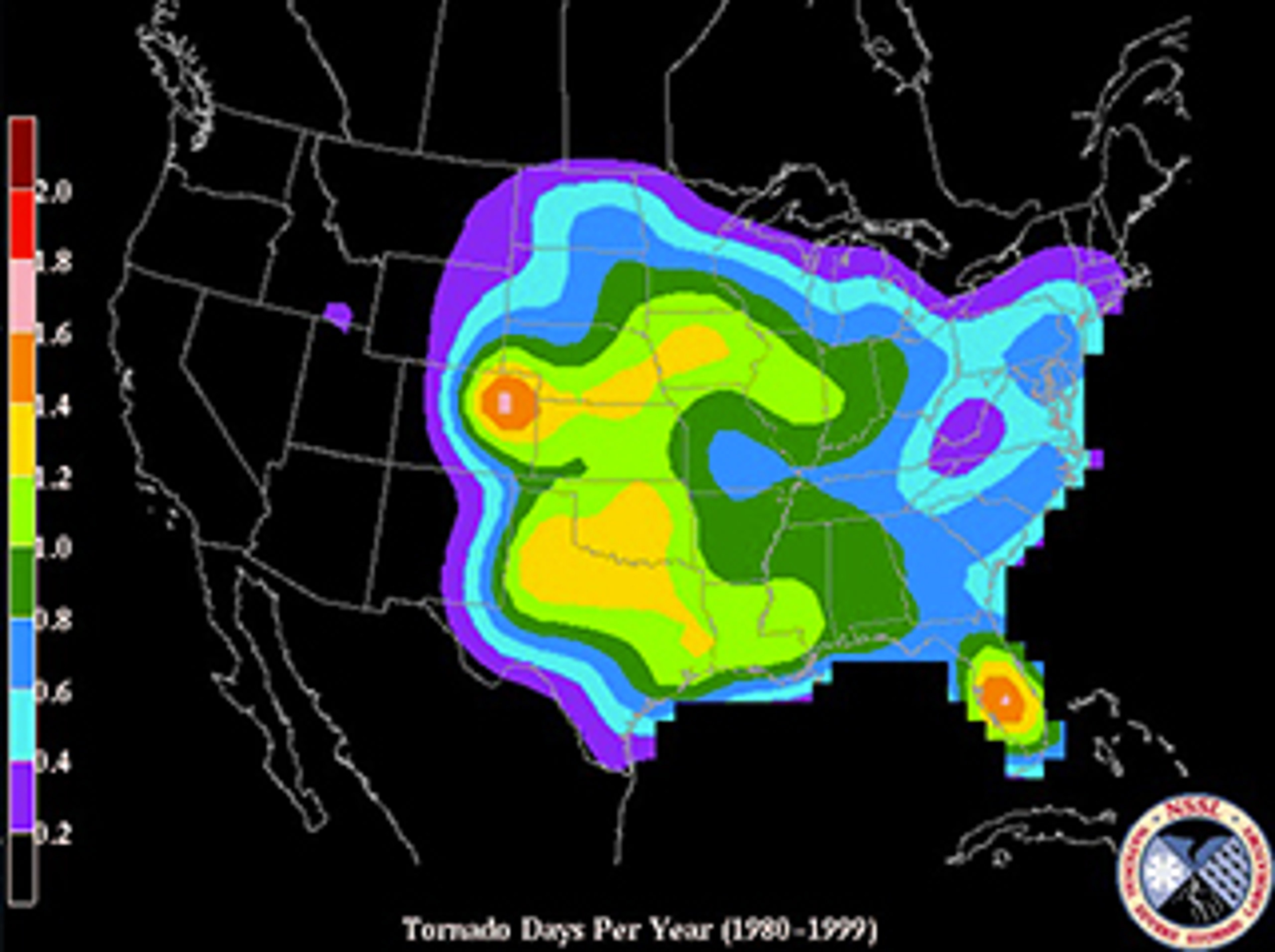 Average number of days per year with at least one tornado within 25 miles of a point, based on 1980 to 1999 data.