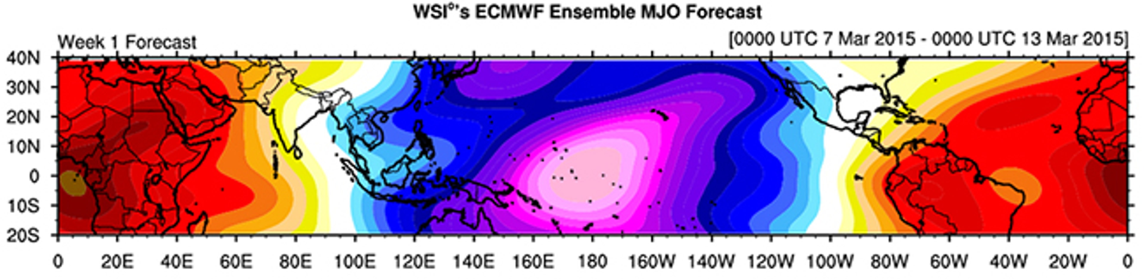 Madden-Julian Oscillation forecast for March 6-12, 2015. The brightest pink shading in the center corresponds to most supportive phase of the MJO for rain and thunderstorms, occurring in the western Pacific Ocean near the location of Cyclone Pam.