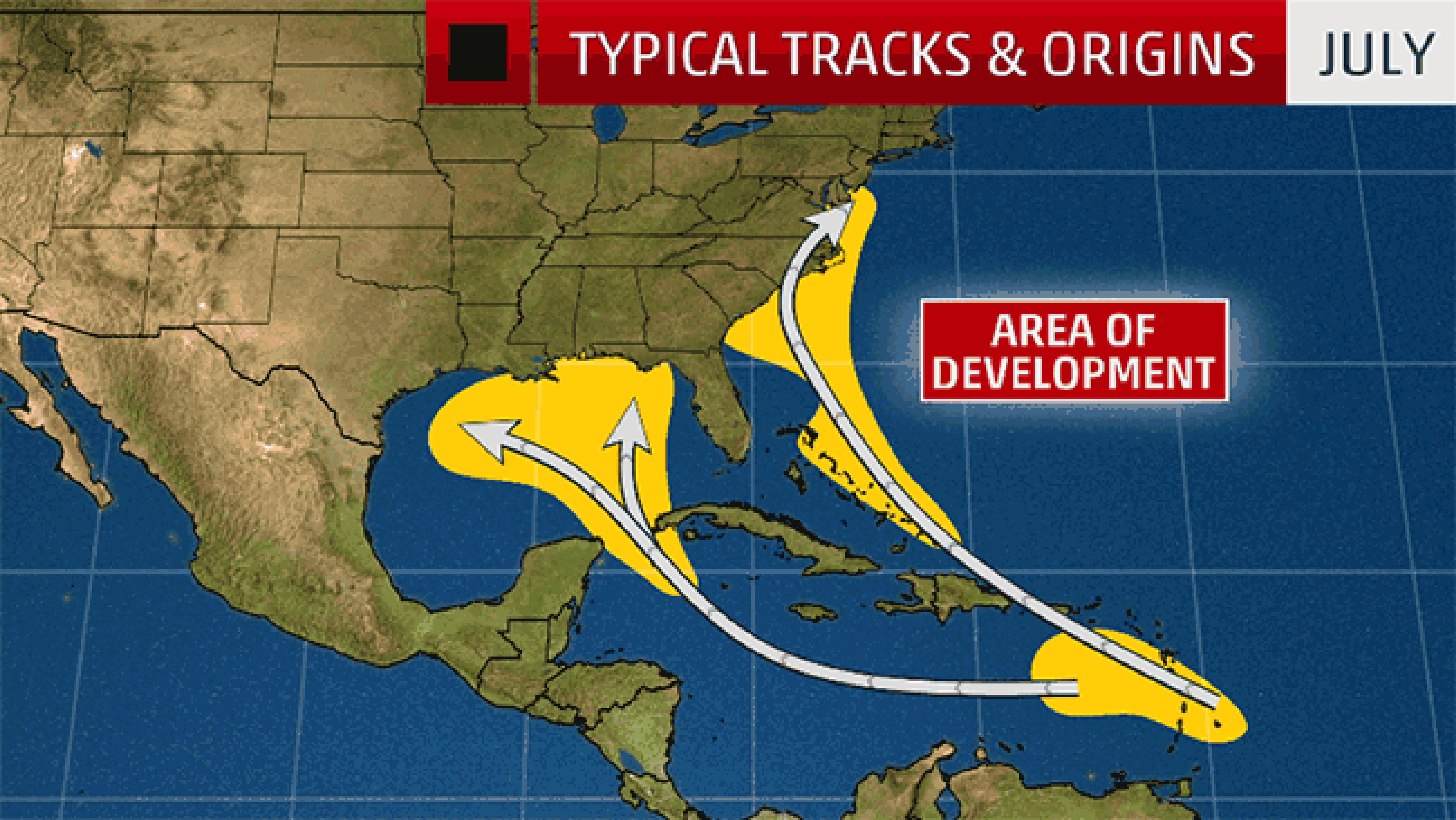 Formation areas and typical tracks for tropical storms and hurricanes in July, August and September. 