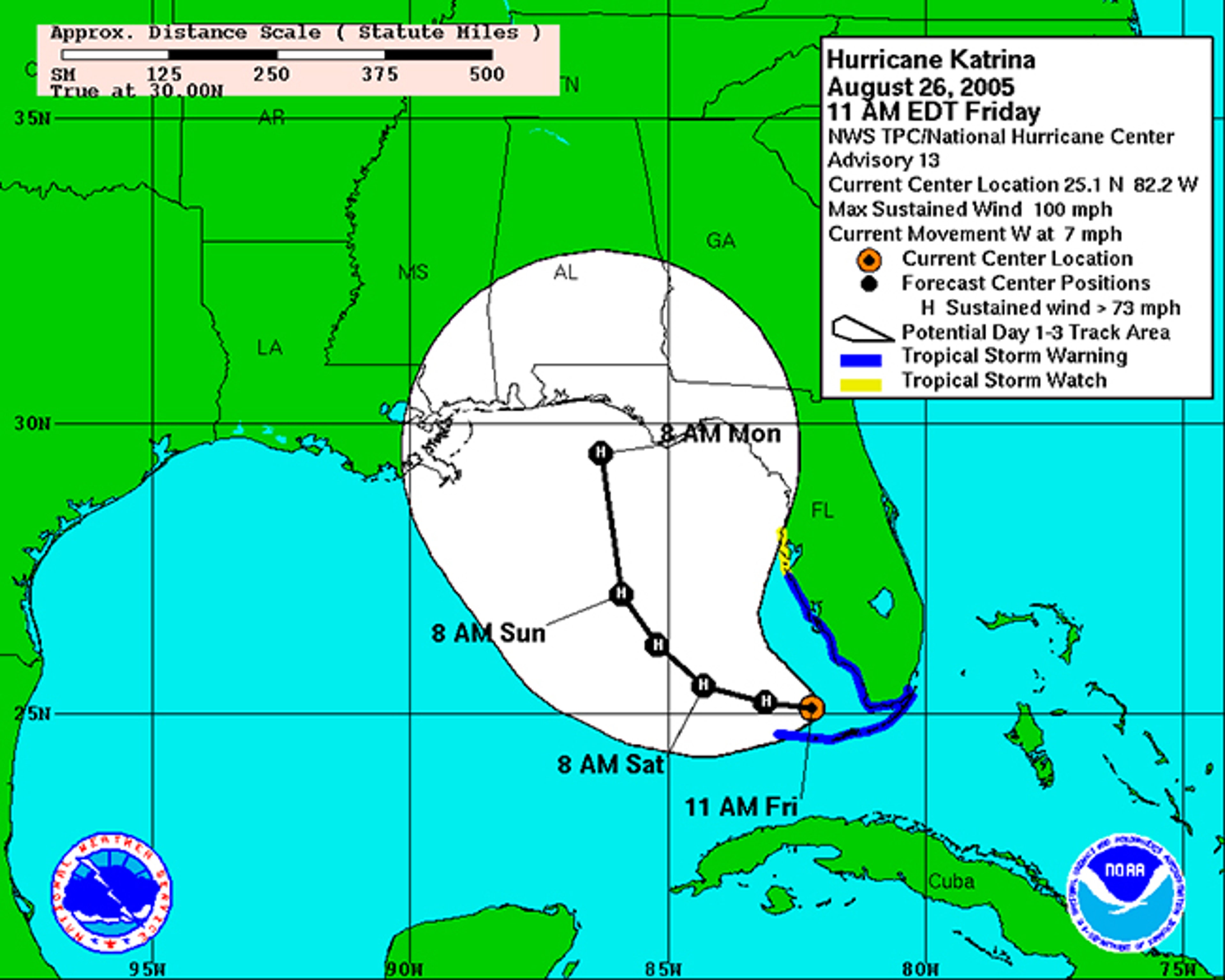 Hurricane Katrina forecast path on August 26, 2005 at 11 a.m. EDT. Note the center of the cone is pointed toward the western Florida panhandle.