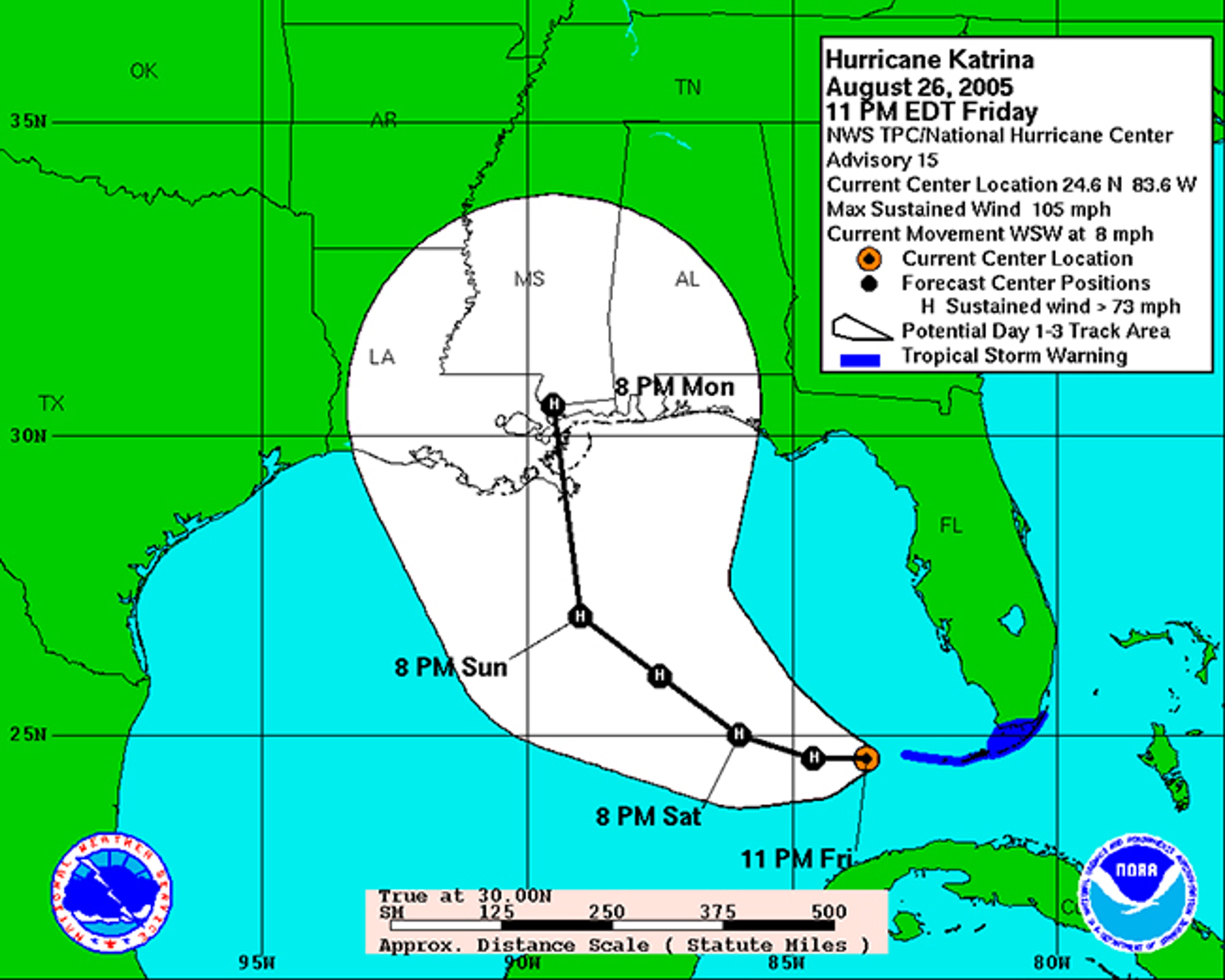Hurricane Katrina forecast path on August 26, 2005 at 11 p.m. EDT. Note the center of the cone is pointed toward the Mississippi and Louisiana Gulf Coasts.