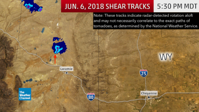 Radar-detected wind shear tracks associated with the tornado north of Laramie, Wyoming, on June 6, 2018. These tracks may not necessarily correlate to the exact paths of tornadoes, as determined by the National Weather Service.