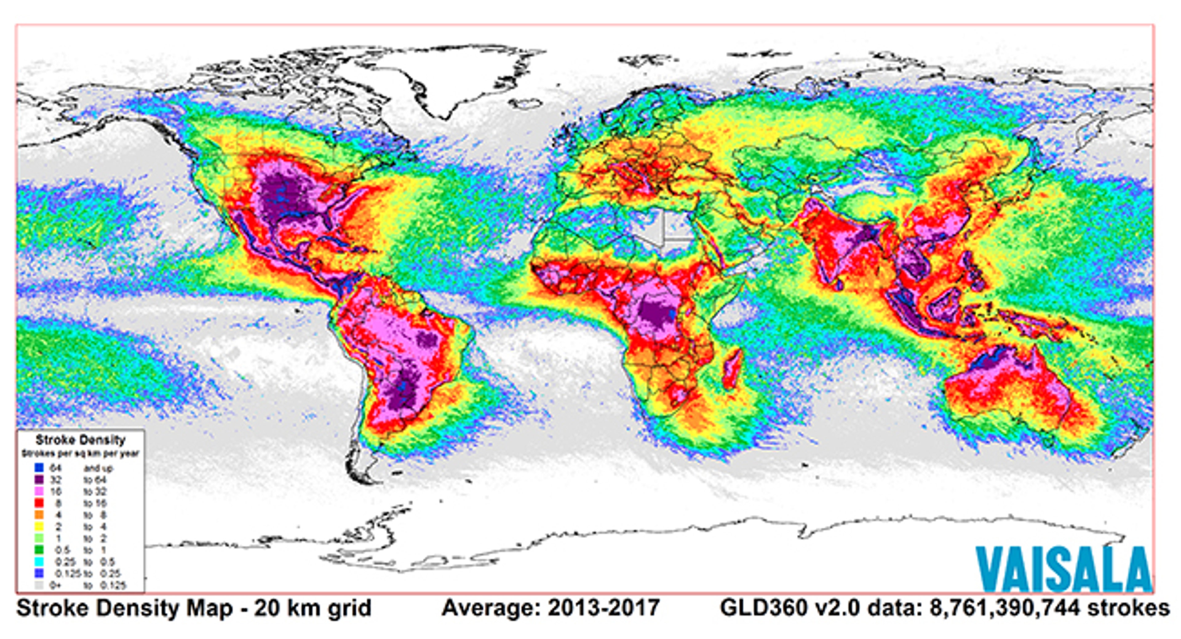 Lightning strike density (per square kilometer per year) from 2013 through 2017. Click the image for a larger version of the map.