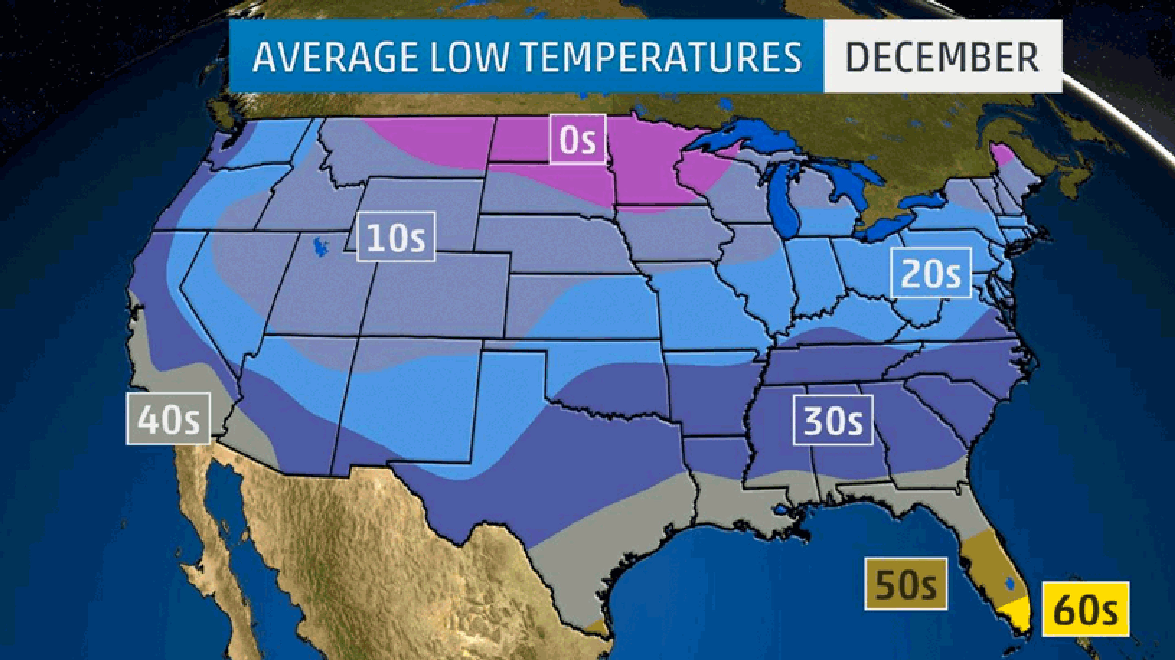 Average low temperatures by month December-February.