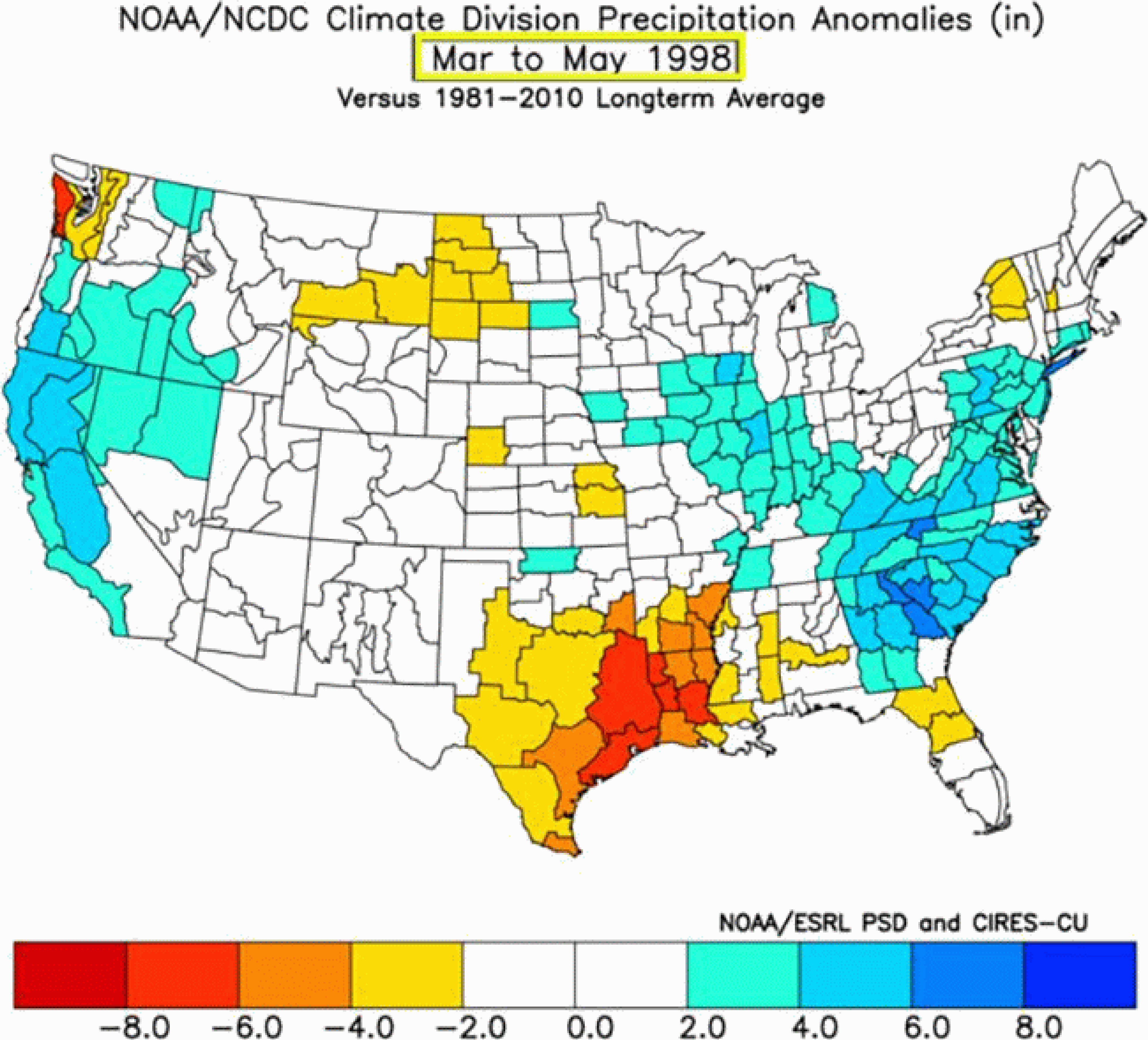 Animation of March-May precipitation anomalies during five previous strong El Ni&ntilde;os (1998, 1983, 1973, 1966, 1958), as defined by Jan Null. 
