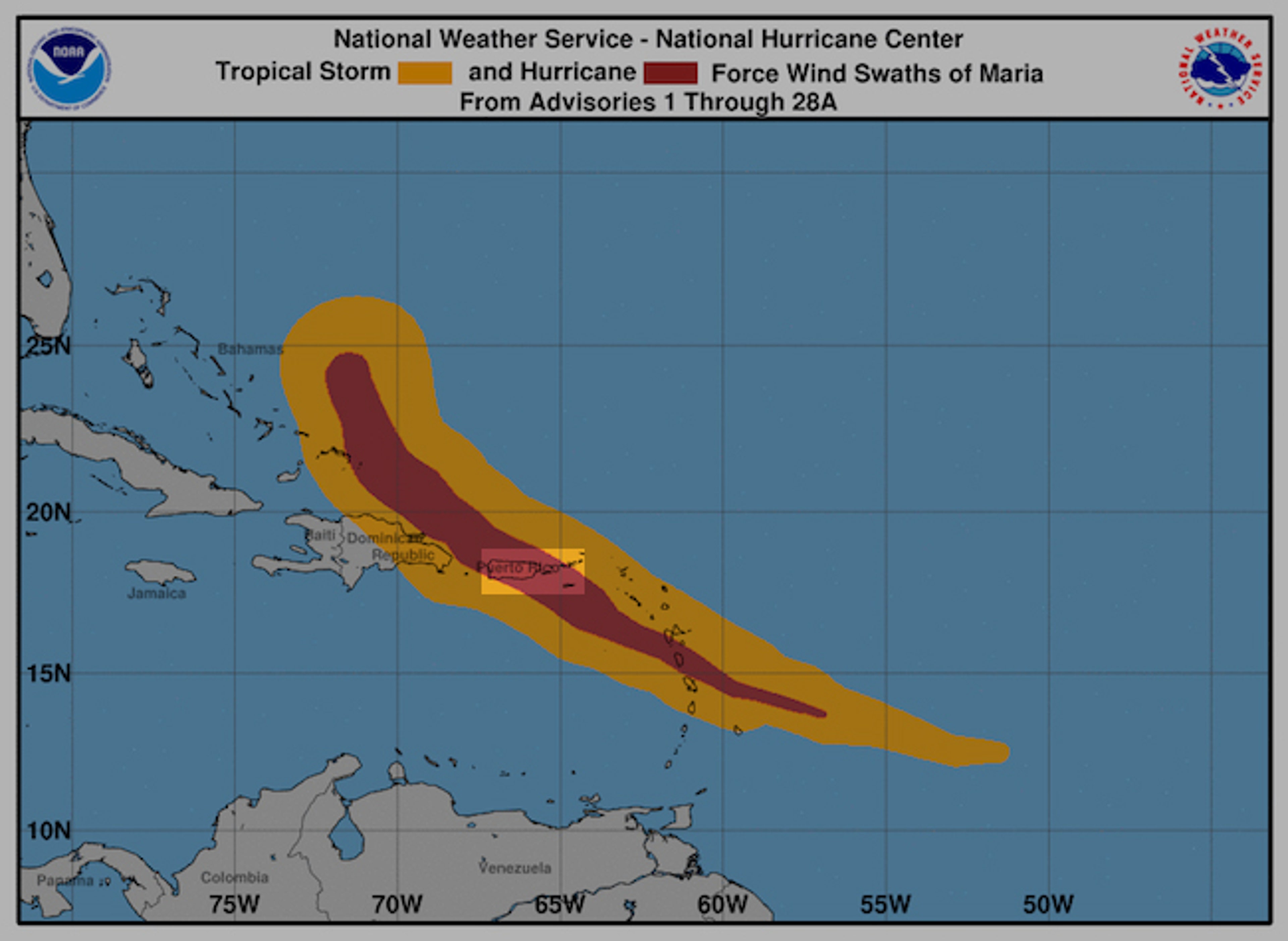 Hurricane Maria's tropical storm (orange) and hurricane-force (maroon) wind swaths through September 23, 2017. Puerto Rico and the Virgin Islands are highlighted.