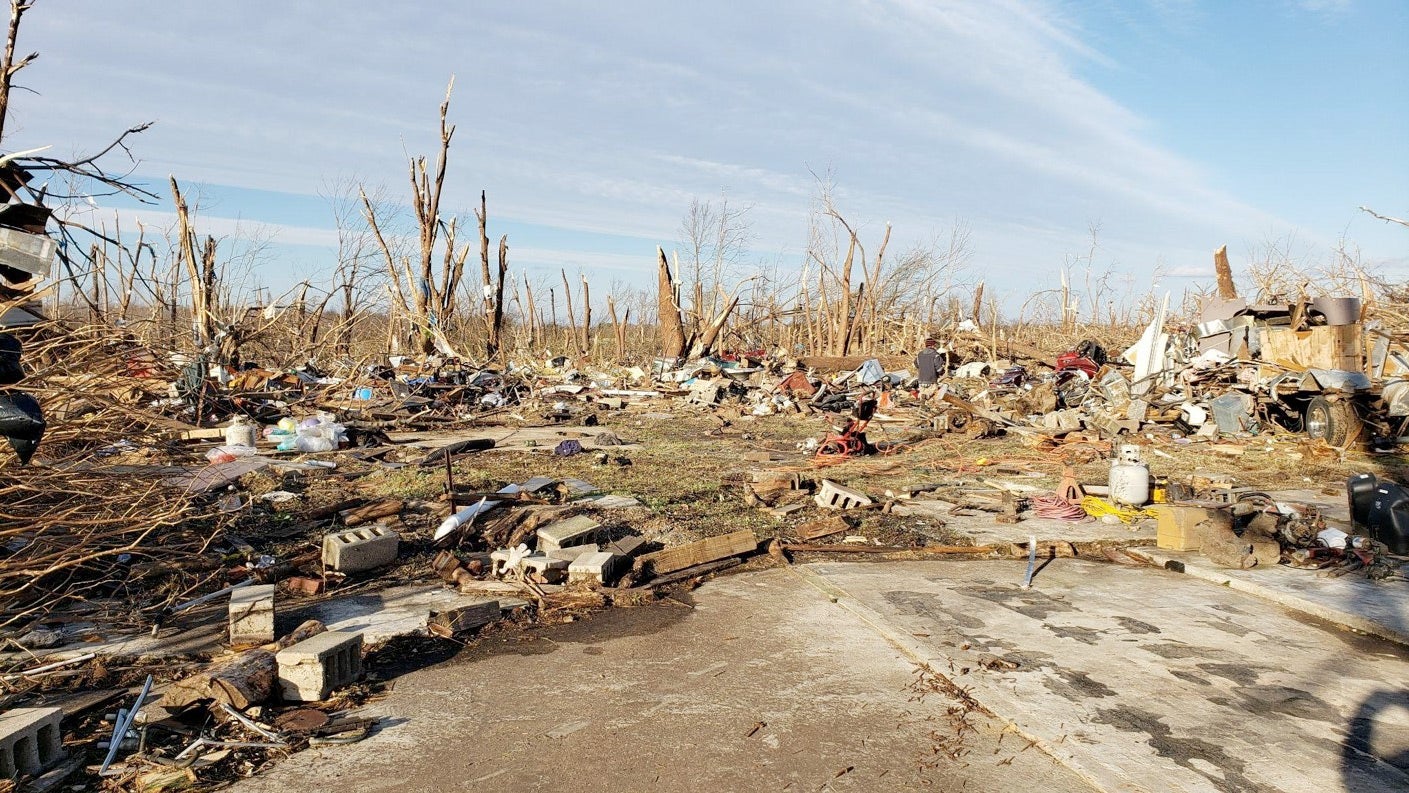 Destruction in Mayfield, Kentucky, following the Dec. 10, 2021, EF4 tornado.