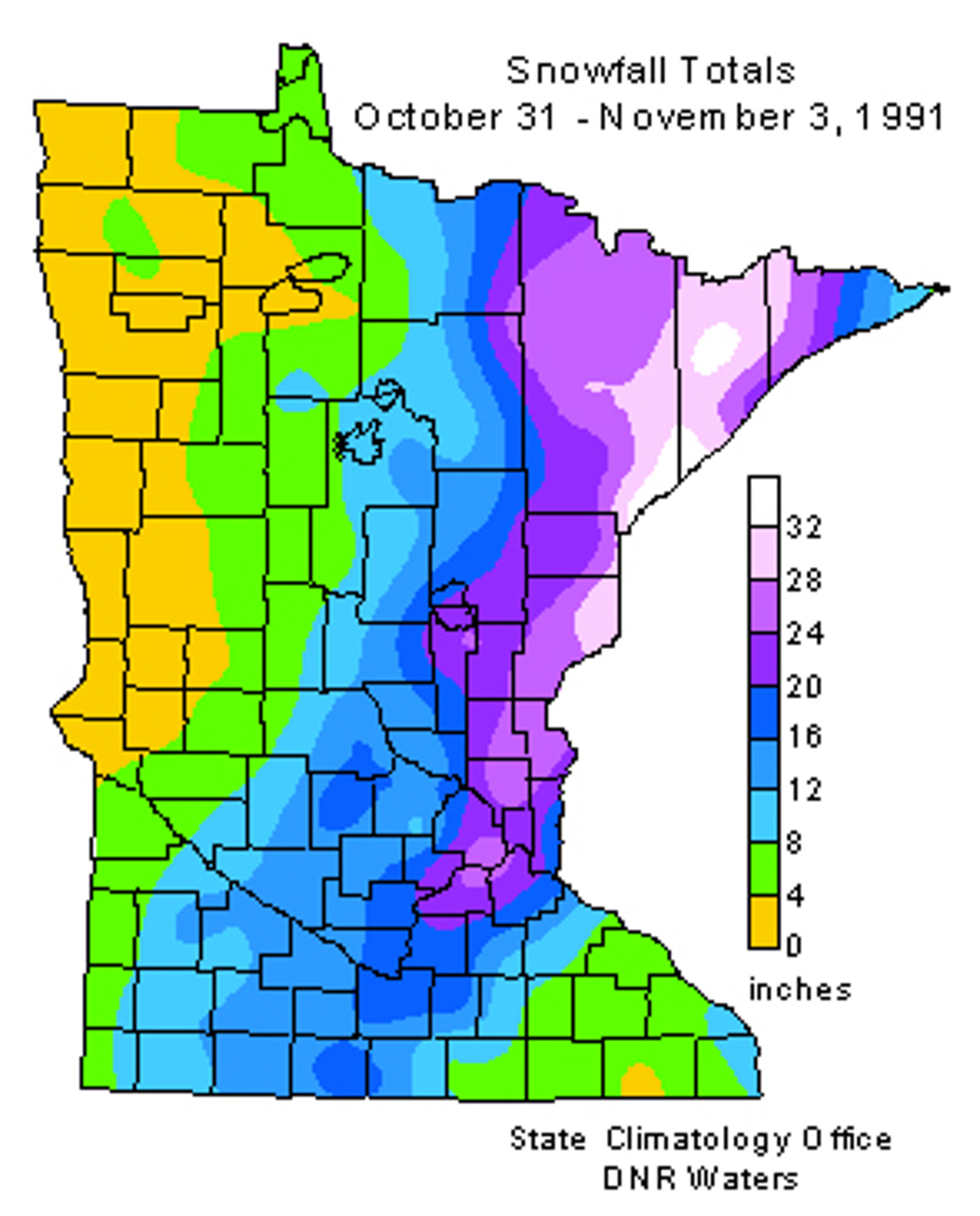 Snow totals across the state of Minnesota from October 31 through November 3, 1991. Blue colors indicate 8 to 20 inches of snow. Purple indicates 20 to 32 inches of snow. Parts of the Arrowhead (white colors) picked up 32 inches or more.