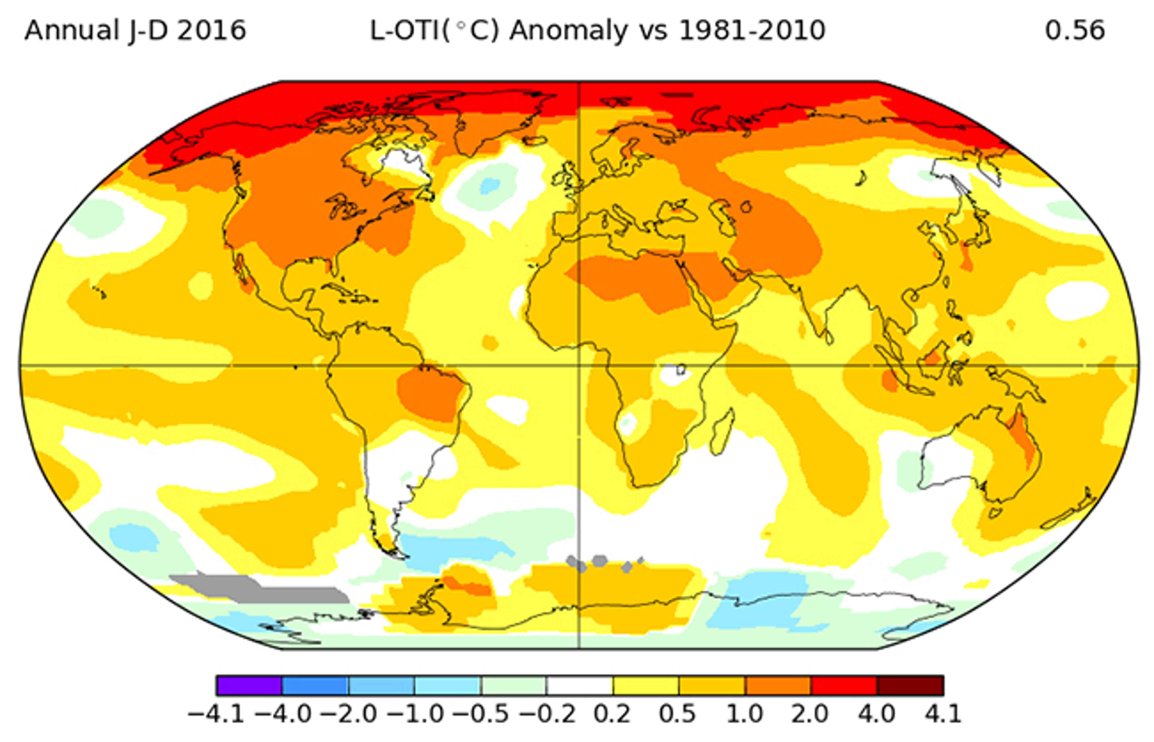 Departure from average temperatures (degrees Celsius) in 2016, compared to the 1981-2010 period.