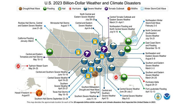 NOAA billion dollar disasters 2023 record December warmth